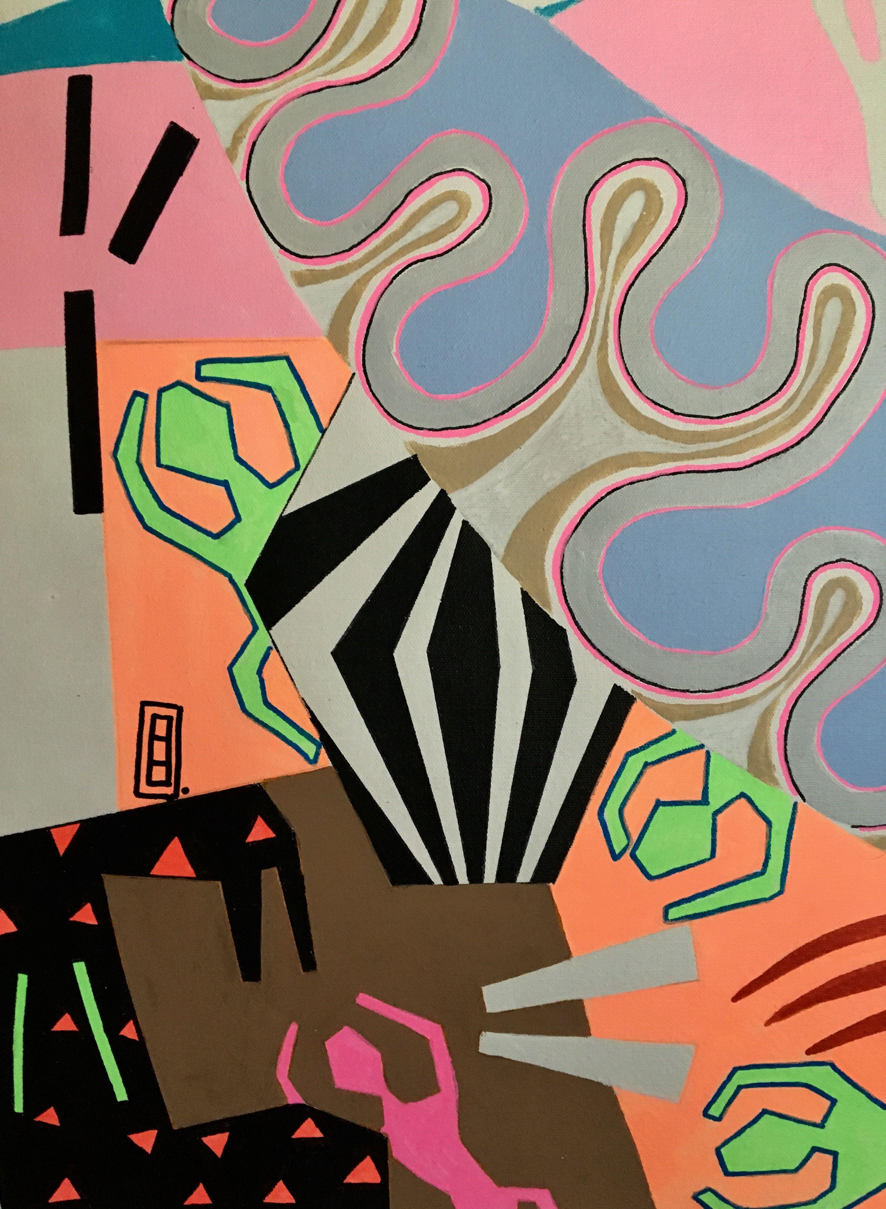 acrylmalerei auf der Leinwand, inspiriert von afrikanischen, mexikanischen und zeitgenössischen Kunstrichtungen. CANVAS 173 drückt afrikanisch anmutende Figuren auf einem Hintergrund aus, der stark von Matisse's Collagen inspiriert ist, aber dieses