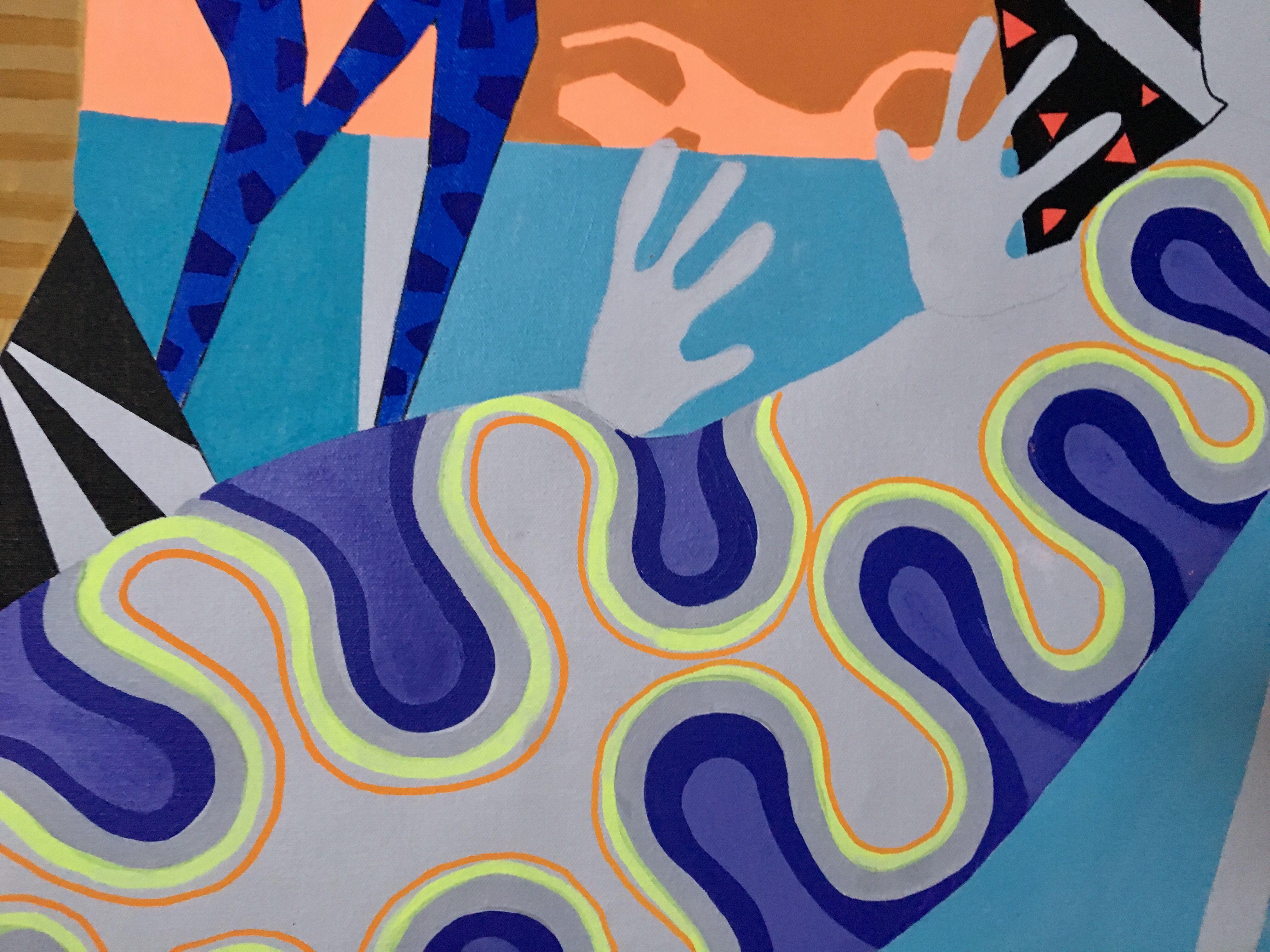 acrylgemälde auf der Leinwand, inspiriert von afrikanischen, mexikanischen und zeitgenössischen Kunstrichtungen in Blau- und Rottönen. CANVAS 174 drückt afrikanisch anmutende Figuren auf einem Hintergrund aus, der stark von Matisse's Collagen