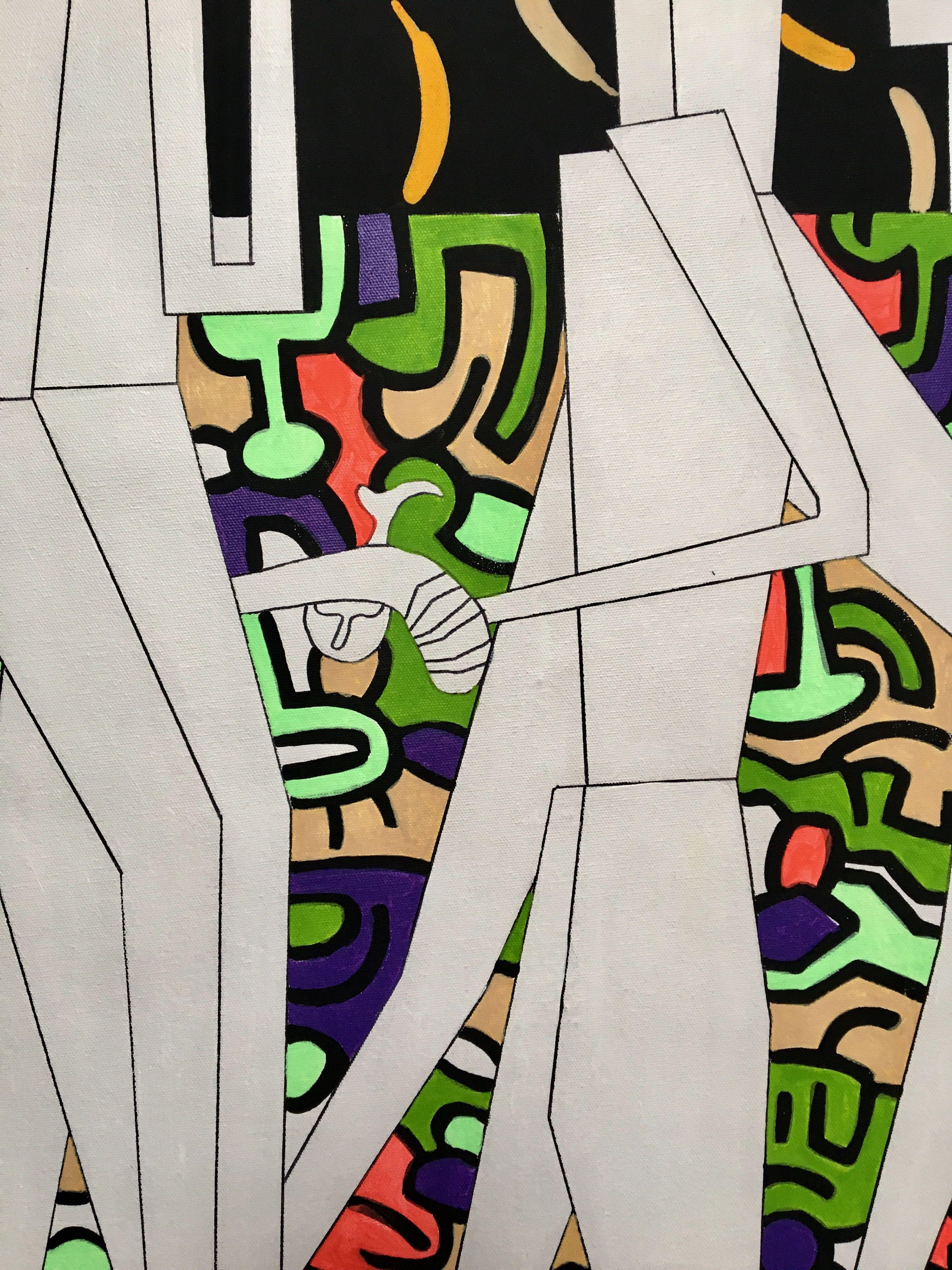 acrylgemälde auf der Leinwand, inspiriert von afrikanischen, mexikanischen und zeitgenössischen Kunstrichtungen in Blau- und Rottönen. CANVAS 184 drückt weiße Figuren mit Gewehren auf einem von Haring inspirierten Hintergrund aus. Das Gemälde ist