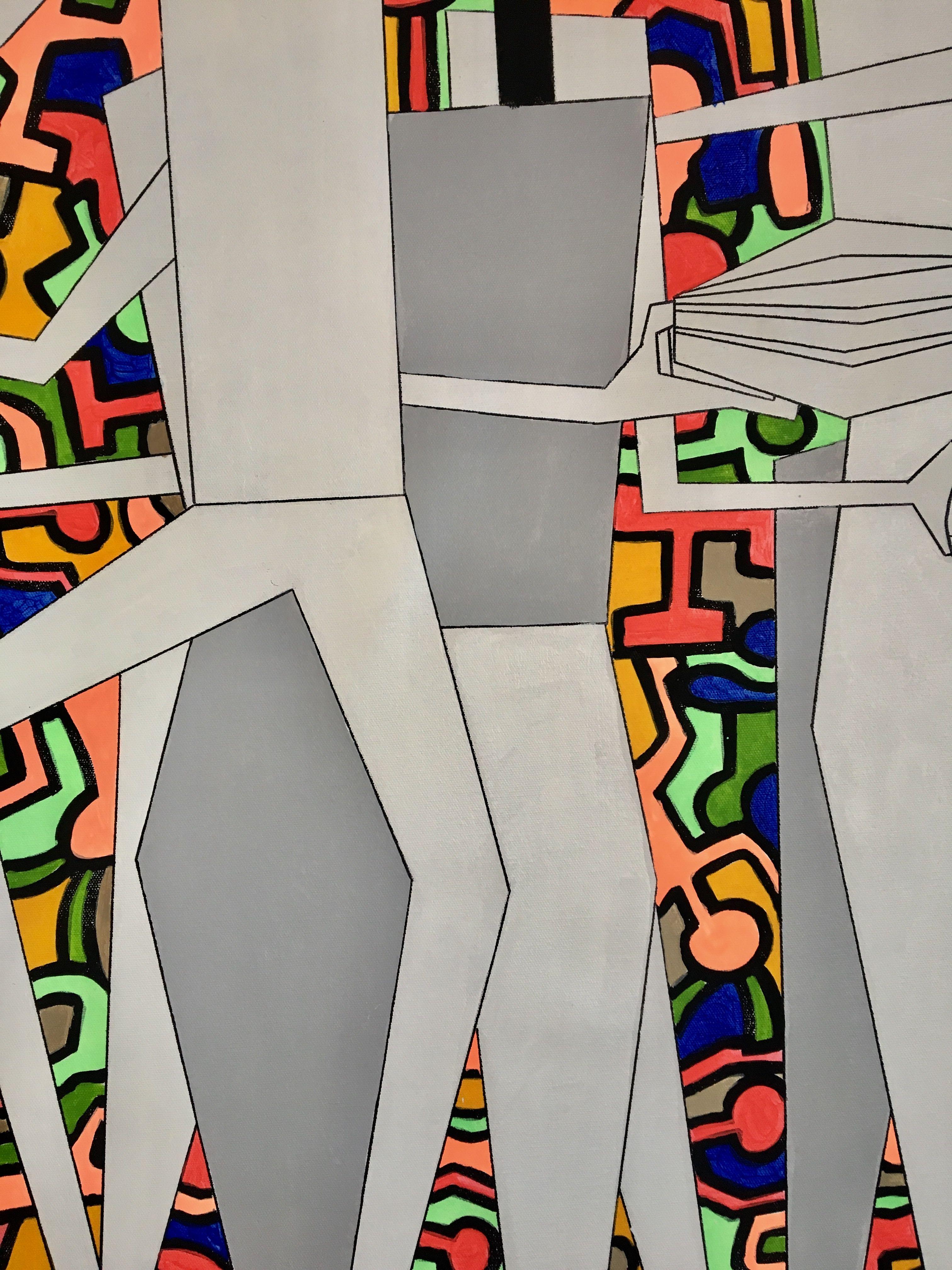 acrylgemälde auf der Leinwand, inspiriert von afrikanischen, mexikanischen und zeitgenössischen Kunstrichtungen in Blau- und Rottönen. CANVAS 185 drücken weiße Figuren mit Gewehren auf einem von Haring inspirierten Hintergrund aus. Das Gemälde ist