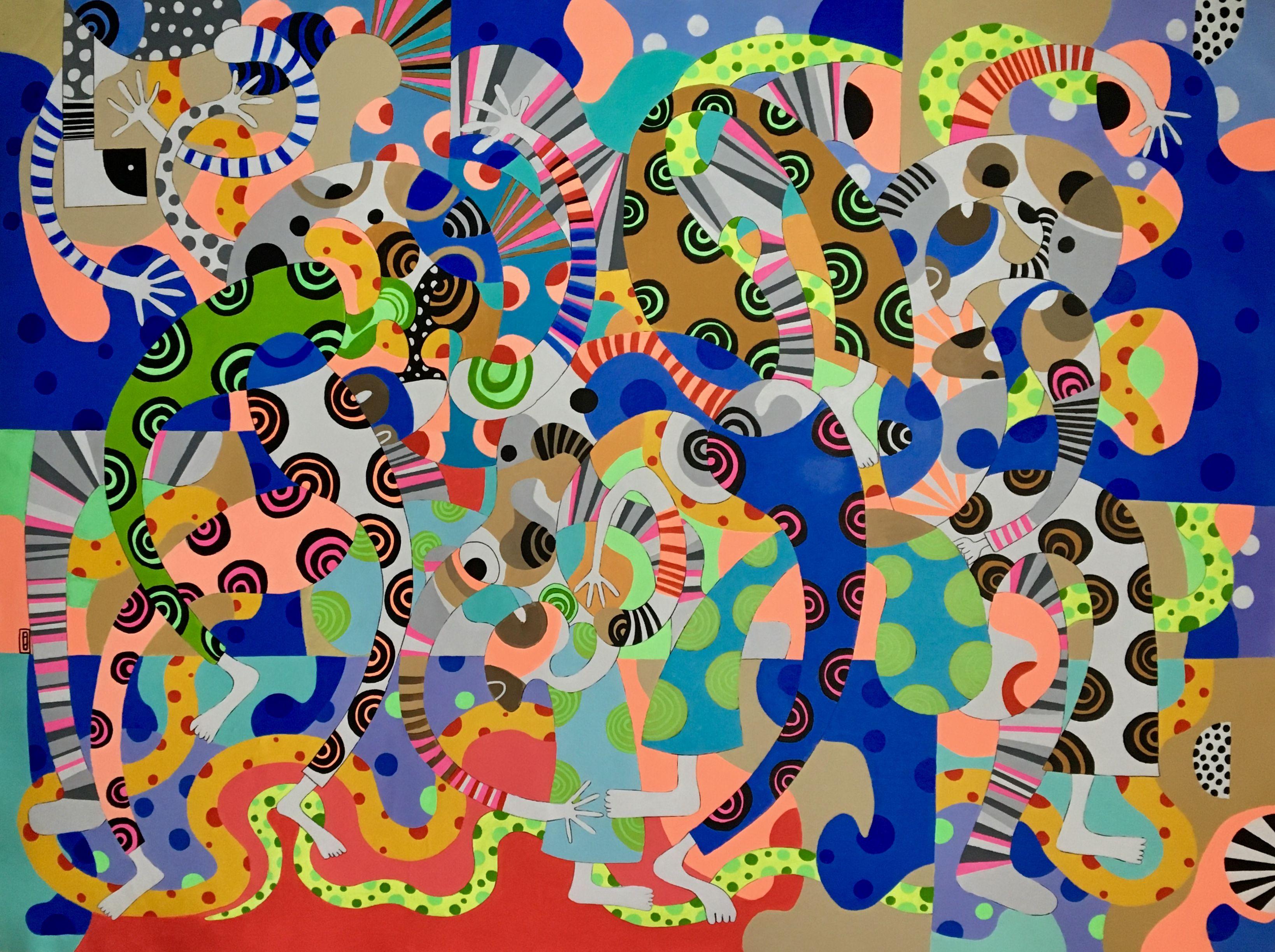 acrylic painting on the canvas inspired by african, and contemporary art directions. CANVAS 191 expresses colorful composition of figures on abstract colorful background with dots. Painting inspired mainly by Mexican culture. Beside mexican culture