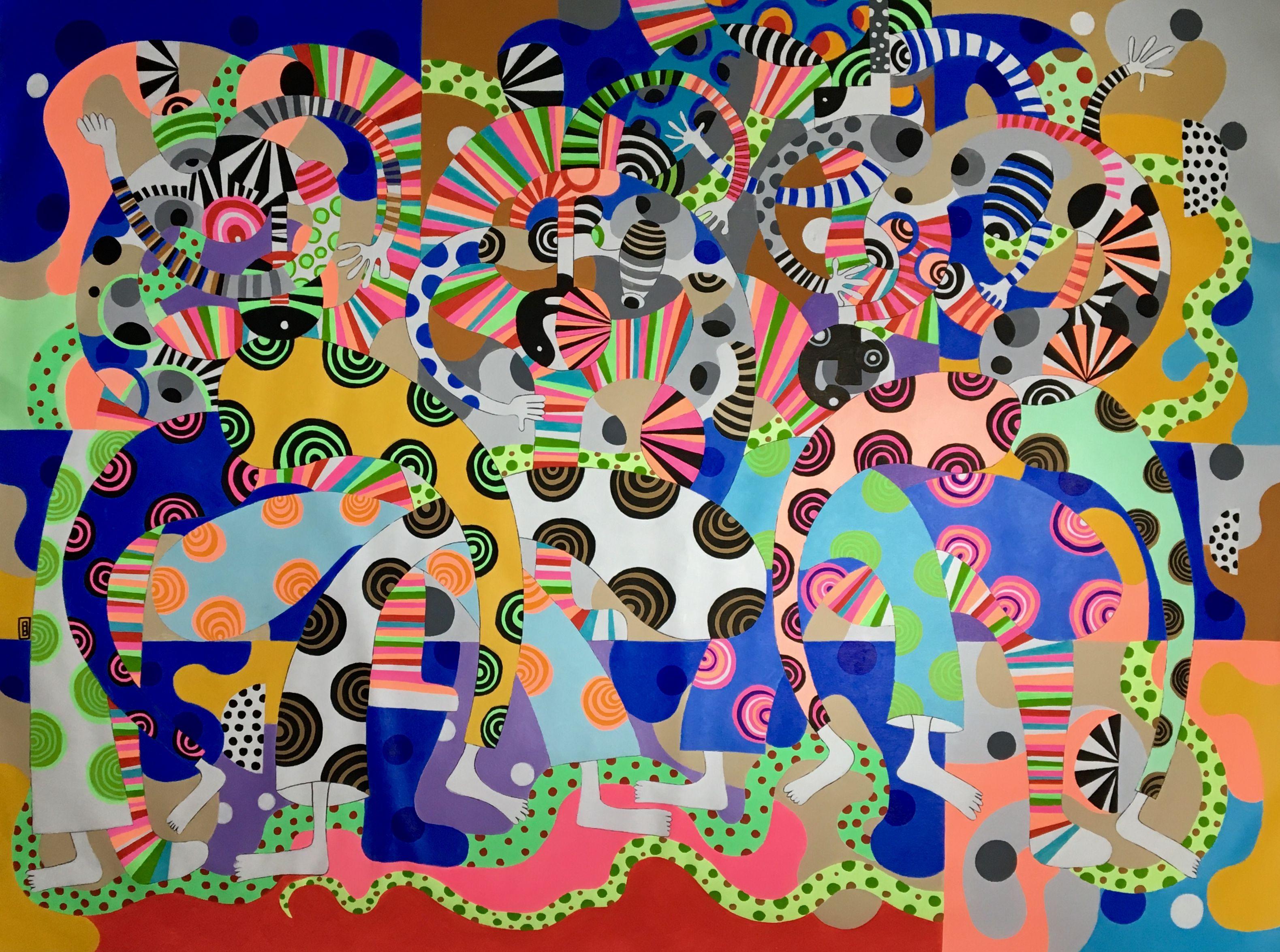acrylic painting on the canvas inspired by african, and contemporary art directions. CANVAS 192 expresses abstract mexican-like figures with combination with japan elements. Painting inspired mainly by Mexican culture. Beside mexican culture there