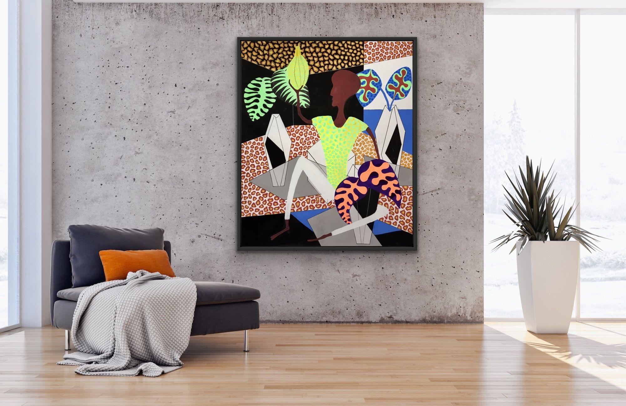 acrylique sur la toile, s'inspirant de l'art africain et des orientations de l'art contemporain. L'expression d'un africain comme les figures tenant des bananes.  : : Peinture : : Contemporain : : Cette pièce est accompagnée d'un certificat