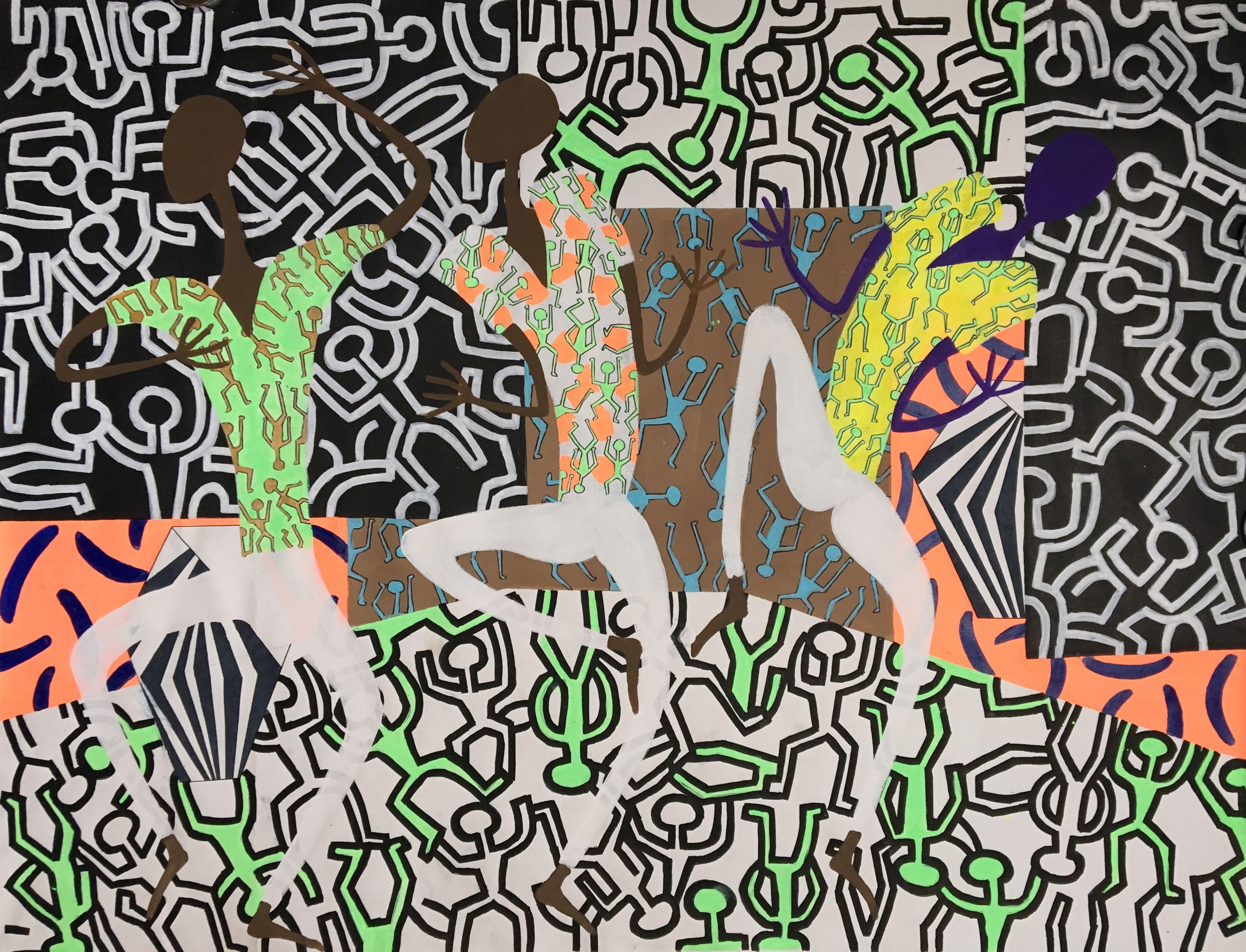 acrylic on the canvas, inspired by African art and by contemporary art directions. Expressing 3 african - like figures on background highly inspired by Haring's artworks. :: Painting :: Contemporary :: This piece comes with an official certificate