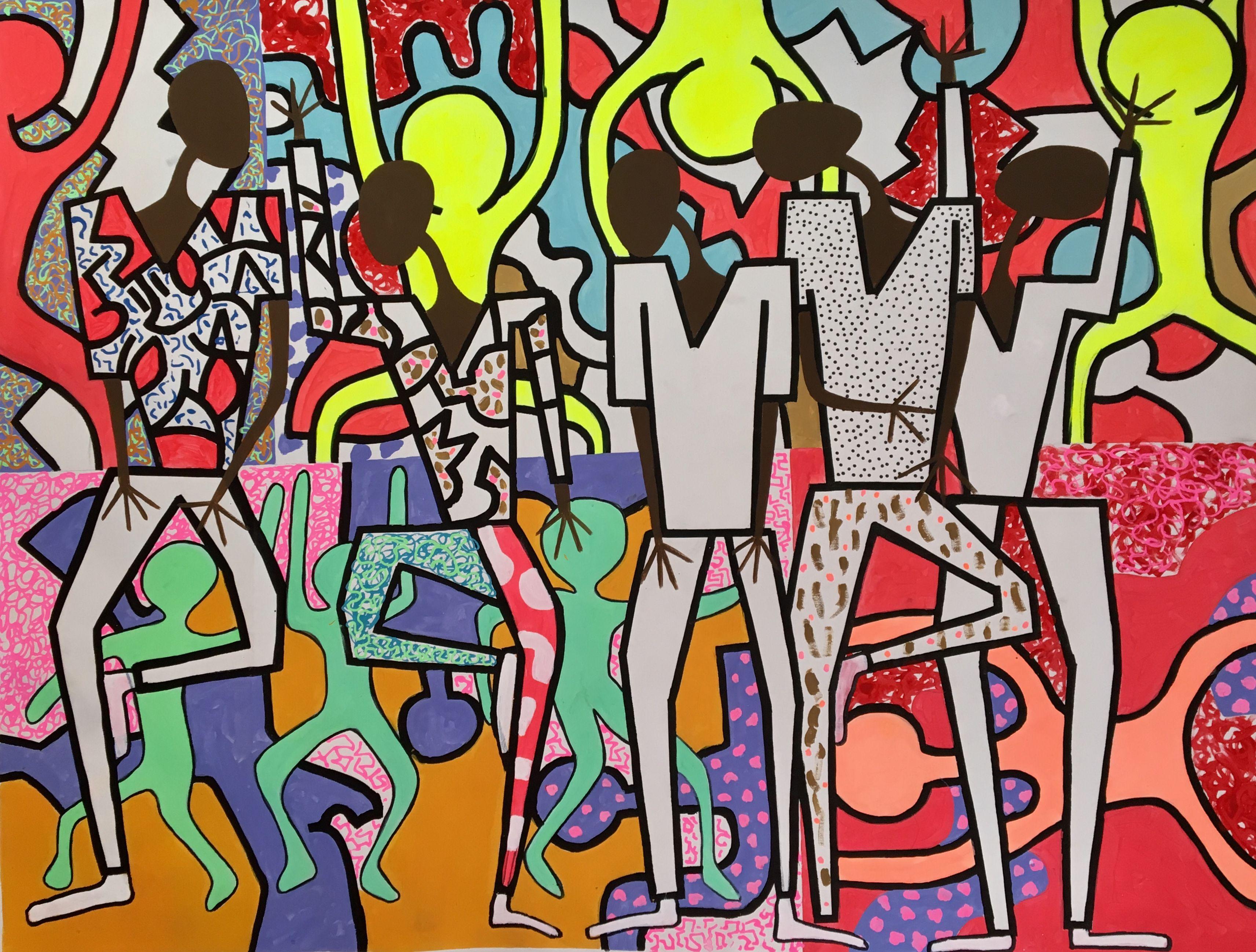 acrylic painting on the canvas. This canvas is inspired by african art, contemporary art, by Picasso, Matisse, Haring, Basquiat. It is also inspired by fresh, contemporary music I listen by painging. Expressing african-like figures on background