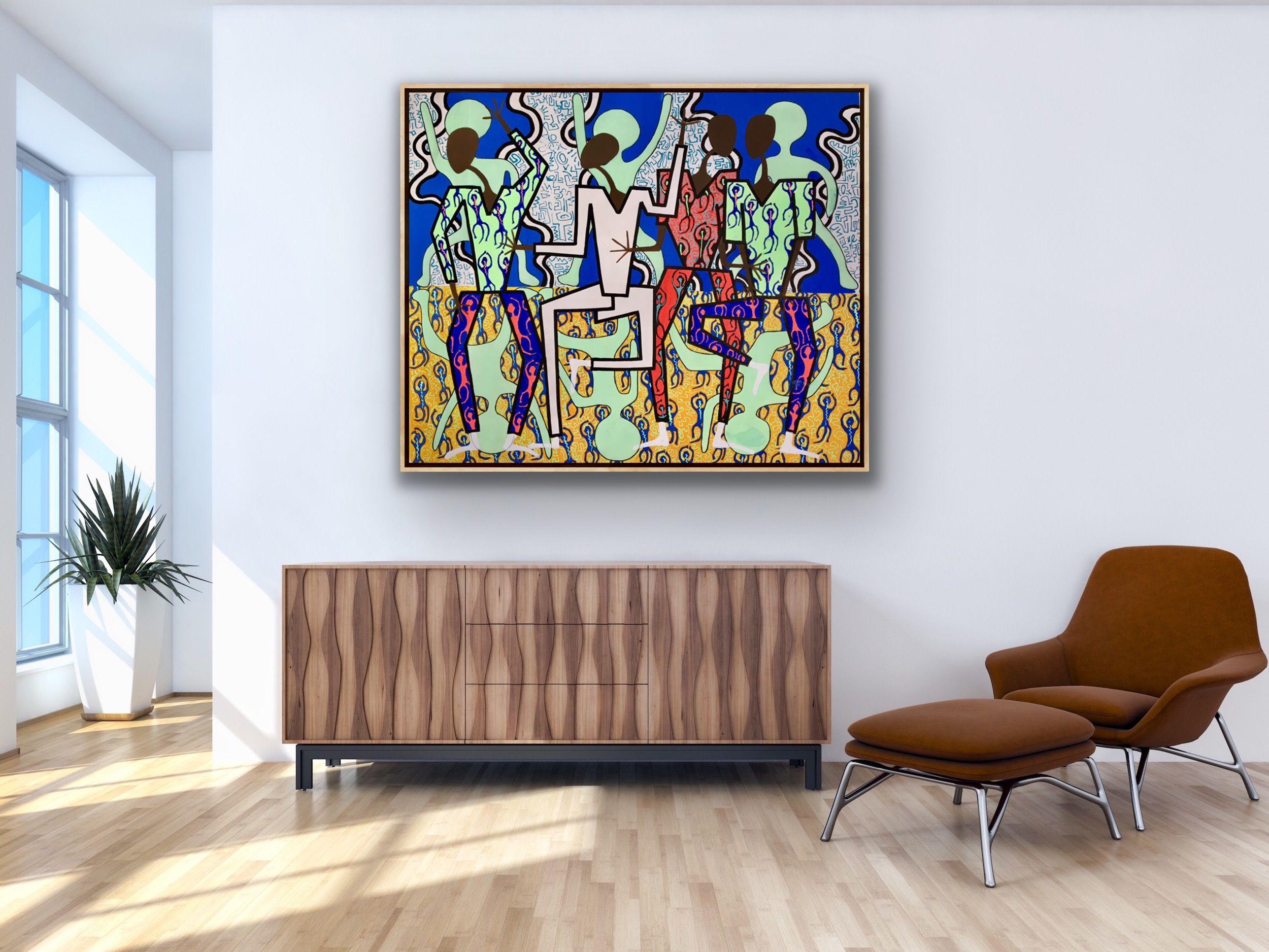 original acrylic painting on the canvas. Highly inspired by my previous african inspired canvases. Inspired by african culture, Haring, Picasso, Matisse. Expressing some african-like figures on the background inspired by Haring's artworks ::