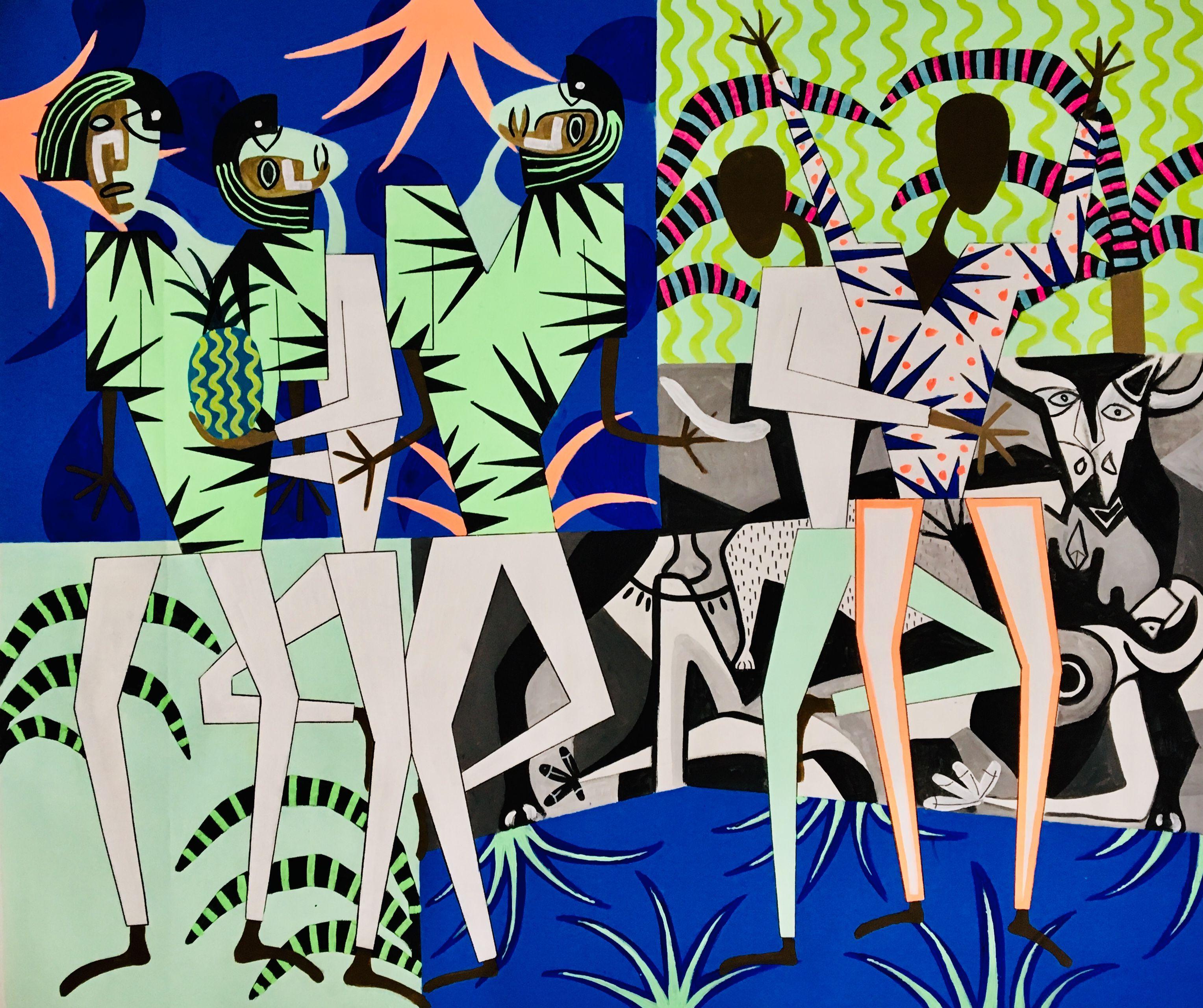 original acrylic painting on the canvas. Inspired by African art combined with Picasso's style expeciali by Picasso's Guernica painting which reflects in gray part of the painting. I was highly inspired by music I listen when I work. :: Painting ::