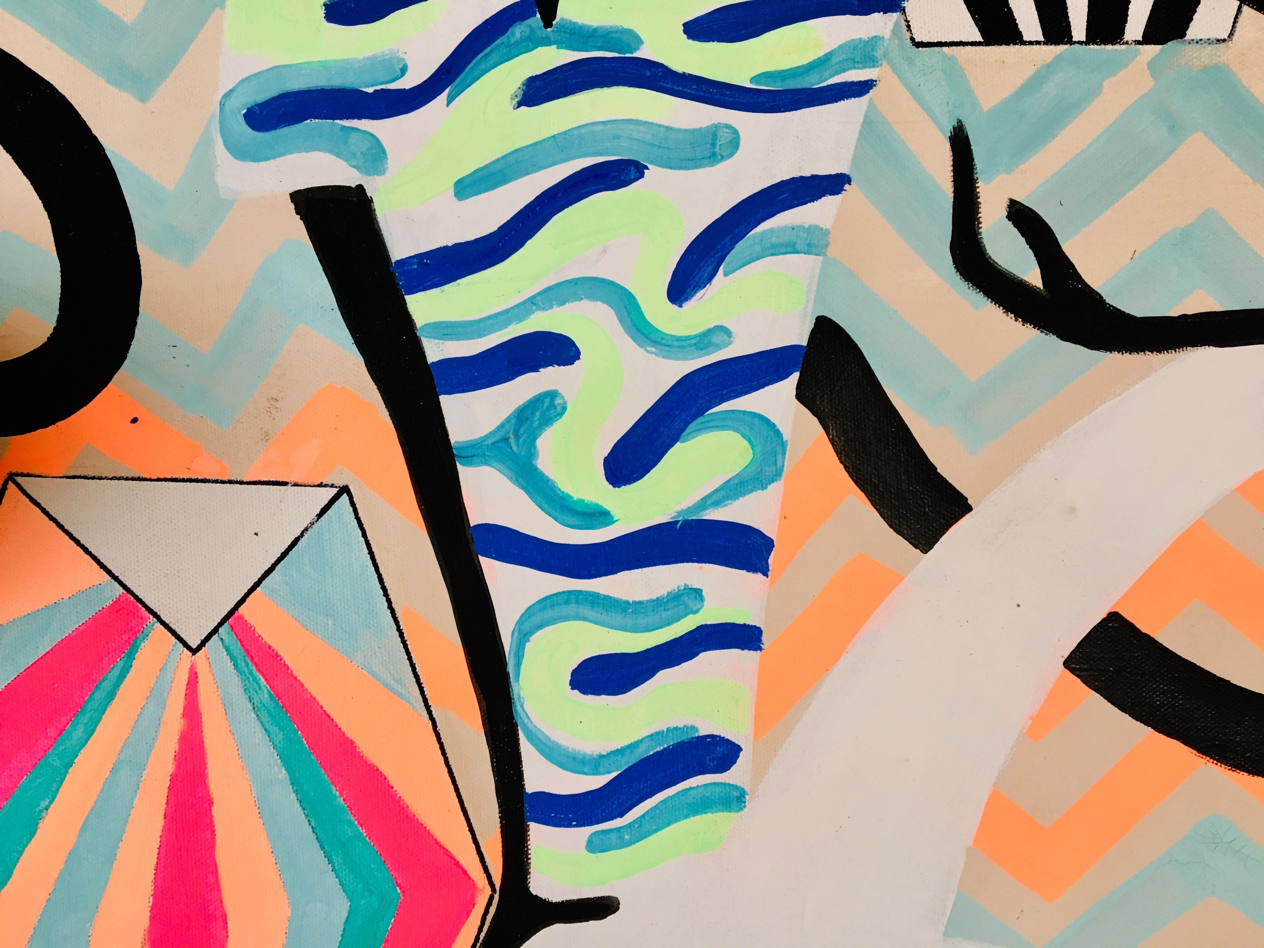 peinture acrylique sur la toile inspirée par l'art africain et les directions de l'art contemporain. Peinture exprimant 3 personnages blancs et un fond plus sombre de type africain. Ainsi, les personnages se détachent de la toile grâce au contraste.