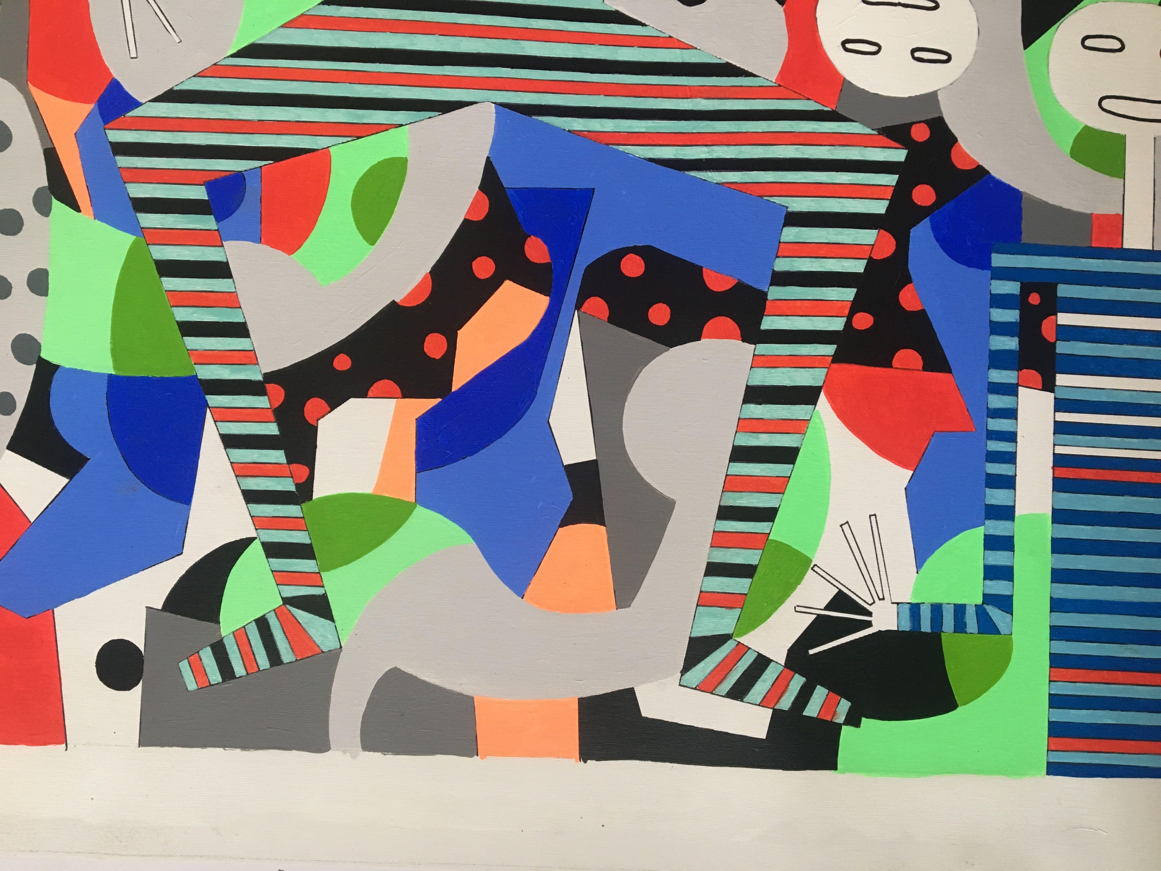 Acrylmalerei auf der Leinwand Inspiriert von zeitgenössischen Kunstrichtungen. CANVAS 208 zeigt gestreifte Figuren, die sich von einem kubistisch anmutenden Hintergrund abheben, der stark von Picasso inspiriert ist. Ich verwende hochwertige und