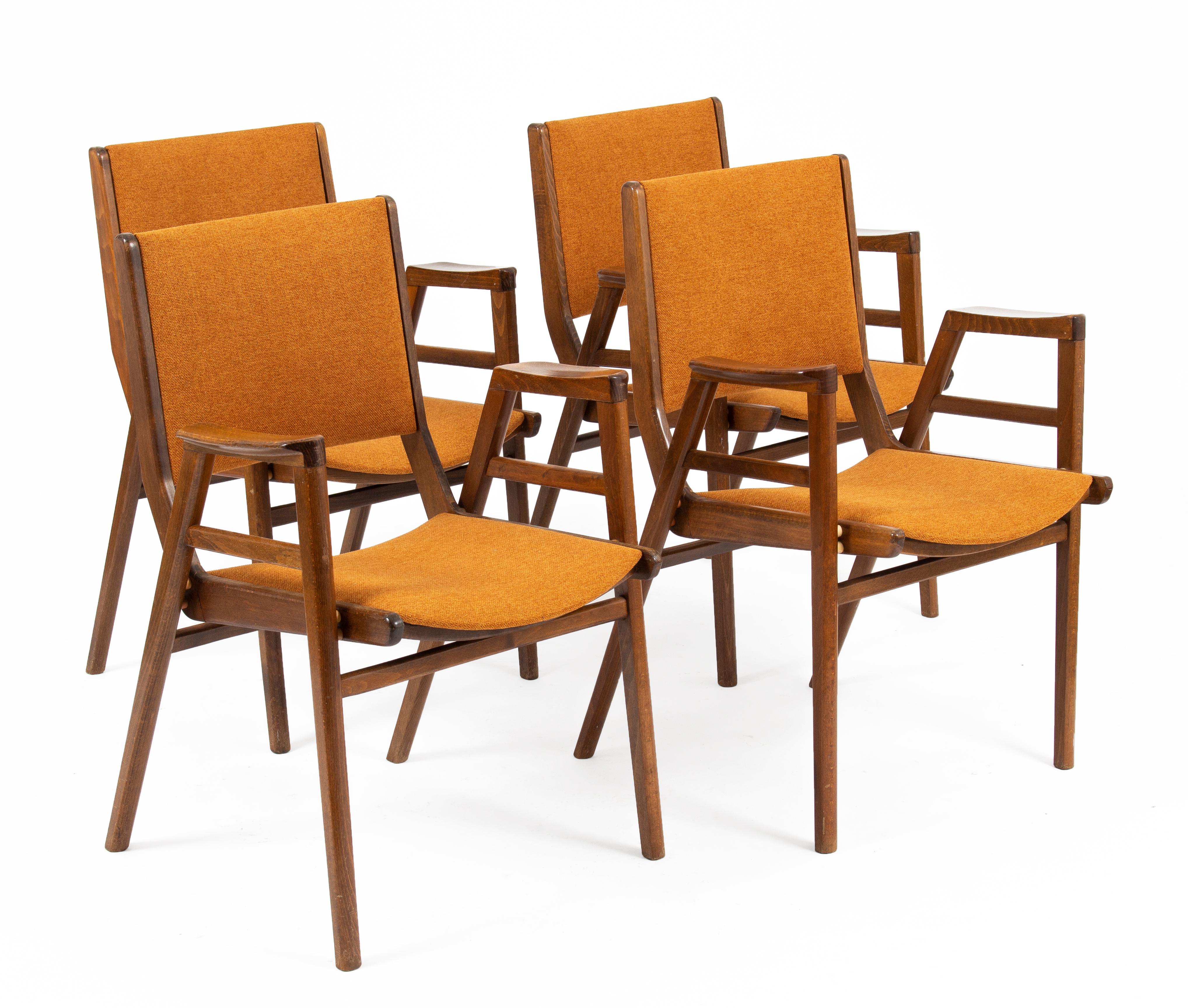 4 stacking chairs designed by František Jirák.
The pieces were manufactured in the 1960s in Czechoslovakia.
The Mid-Century Modern style pieces complement any contemporary or classic space, they are comfortable and practical.
The chairs are in