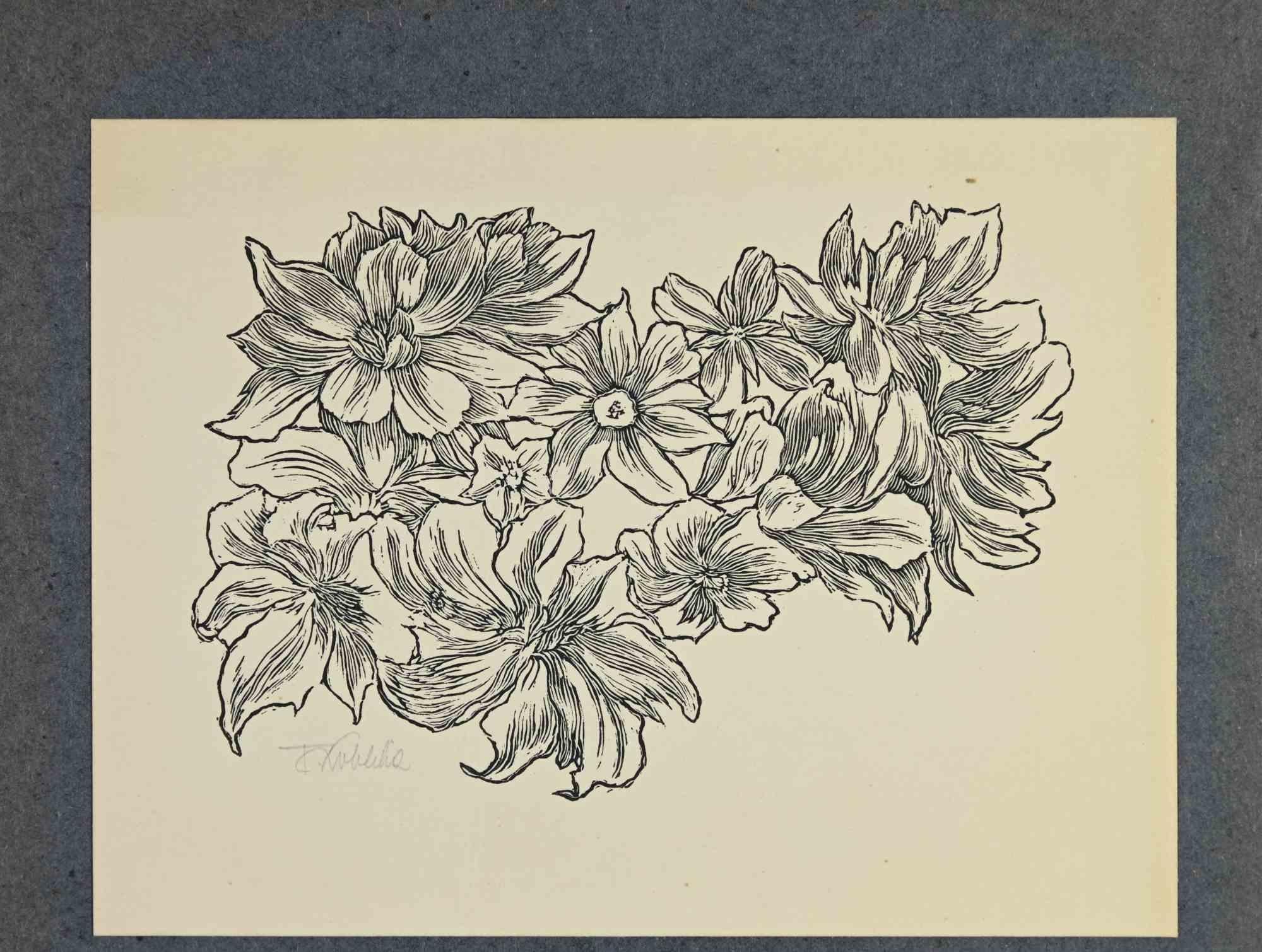 Ex Libris - Flowers is an Artwork realized in 1951, by the artist  Frantisek Kobliha (1877-1962).                                                       
Woodcut print on ivory paper. Hand signed on the left corner.

The work is glued on colored