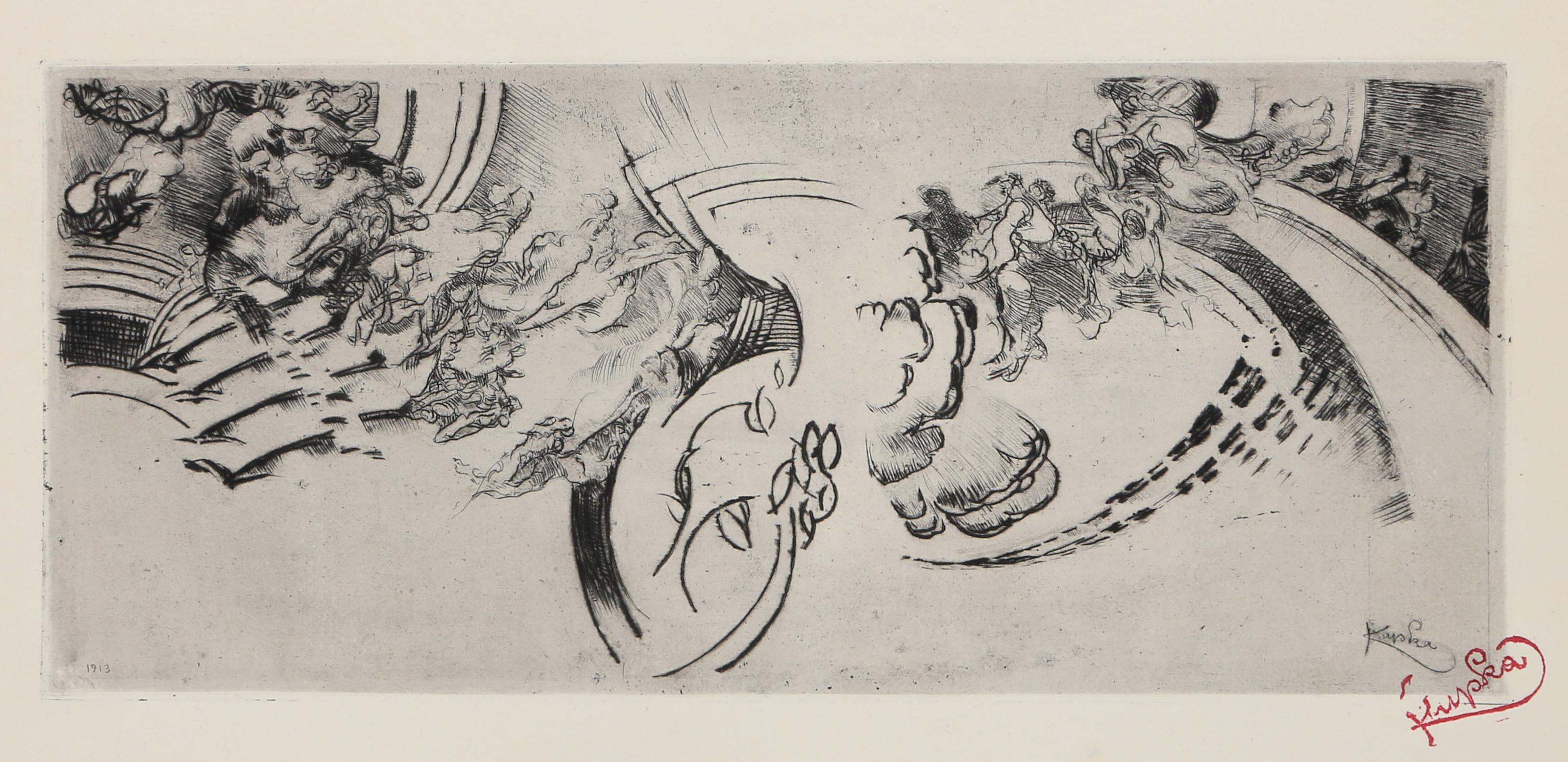 Frantisek Kupka, Czech (1871 - 1957) - Abstract Composition. Year: 1913, Medium: Etching on Richard de Bas, stamp signed and signed in the plate, Image Size: 6 x 13.5 inches, Size: 13 x 20 in. (33.02 x 50.8 cm), Description: From the collection of