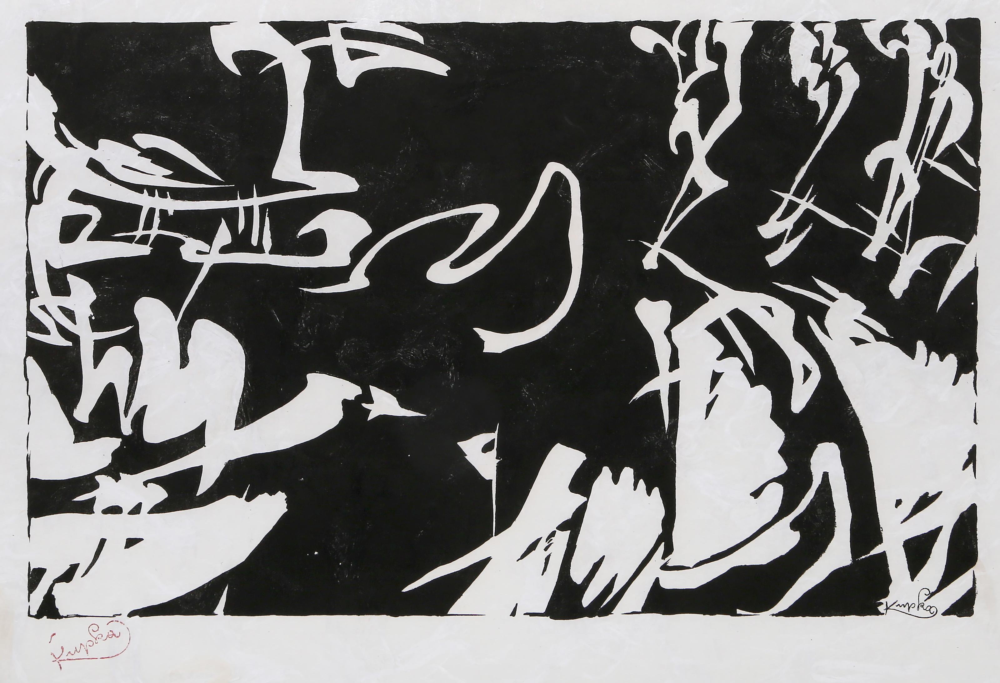 Bílé rytmy na černém II, xilografía abstracta sobre papel de arroz de Frantisek Kupka