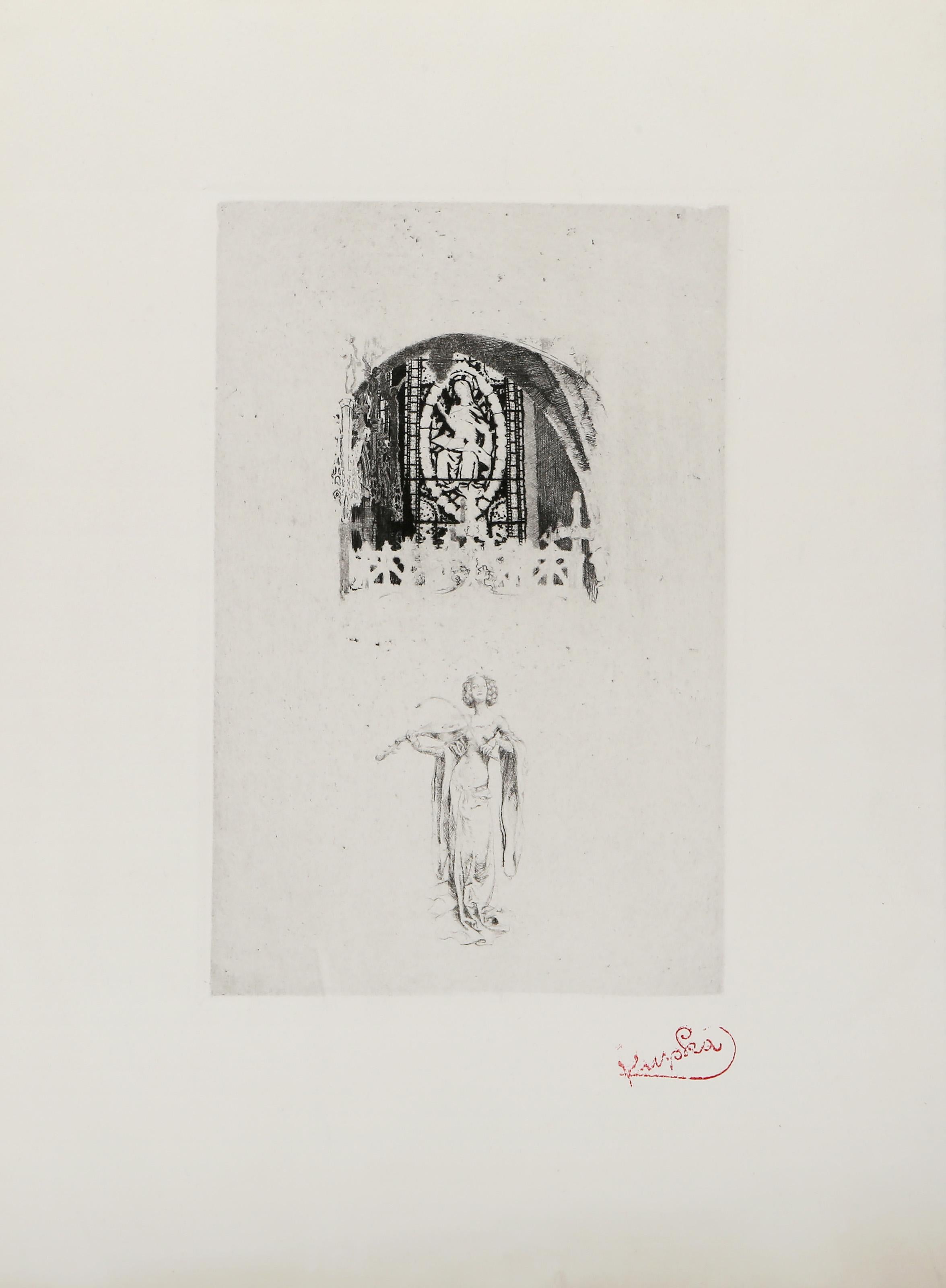 Figur unter Buntglasmalerei, surrealistische Radierung von Frantisek Kupka im Angebot 2
