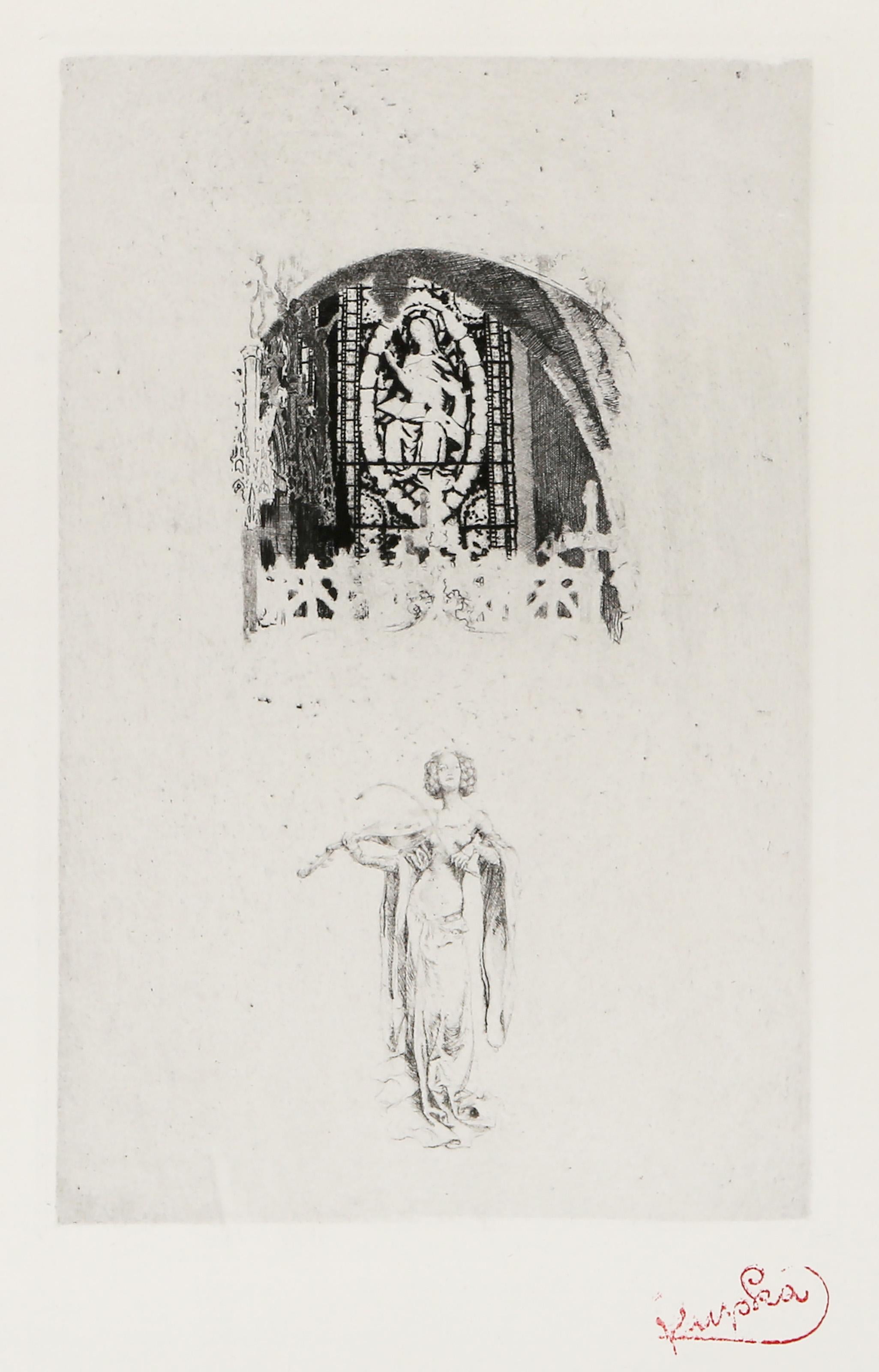 Figure en dessous d'un vitrail, gravure surréaliste de Frantisek Kupka