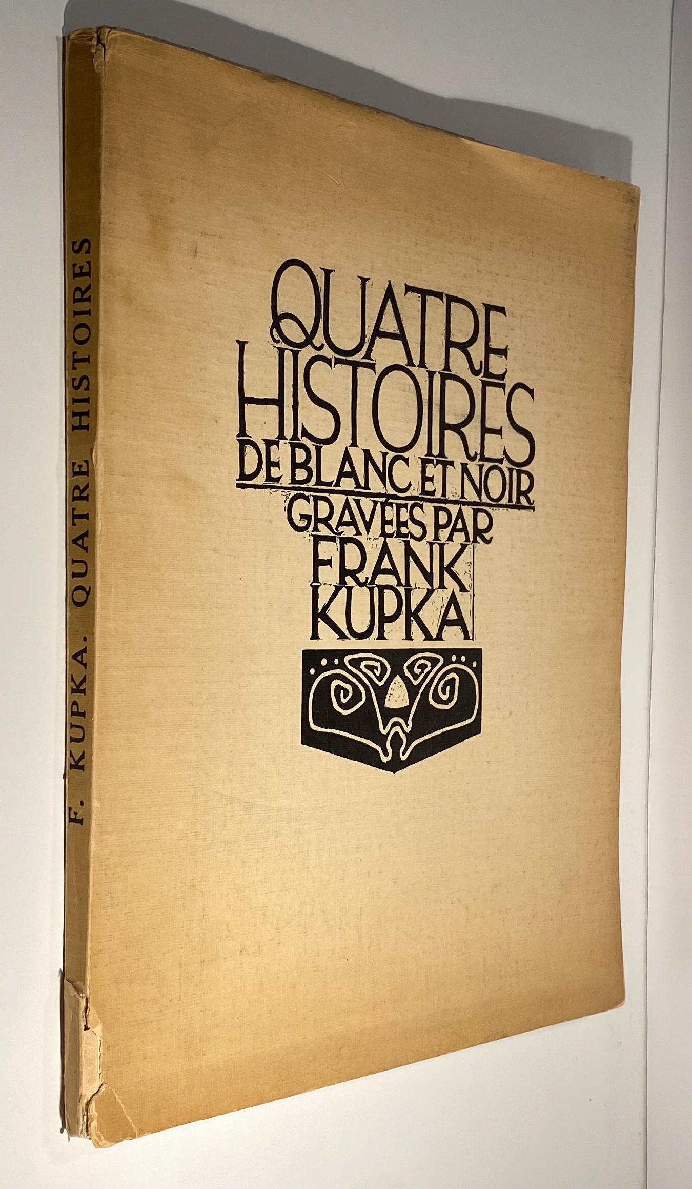 Quatre Histoires de Blanc et Noir, a book by Frantisek Kupka comprising title page with small woodcut, two leaves of text (one in English, one in French), 25 woodcuts on wove paper numbered 2-26 by Kupka, a colophon with publisher's information, and