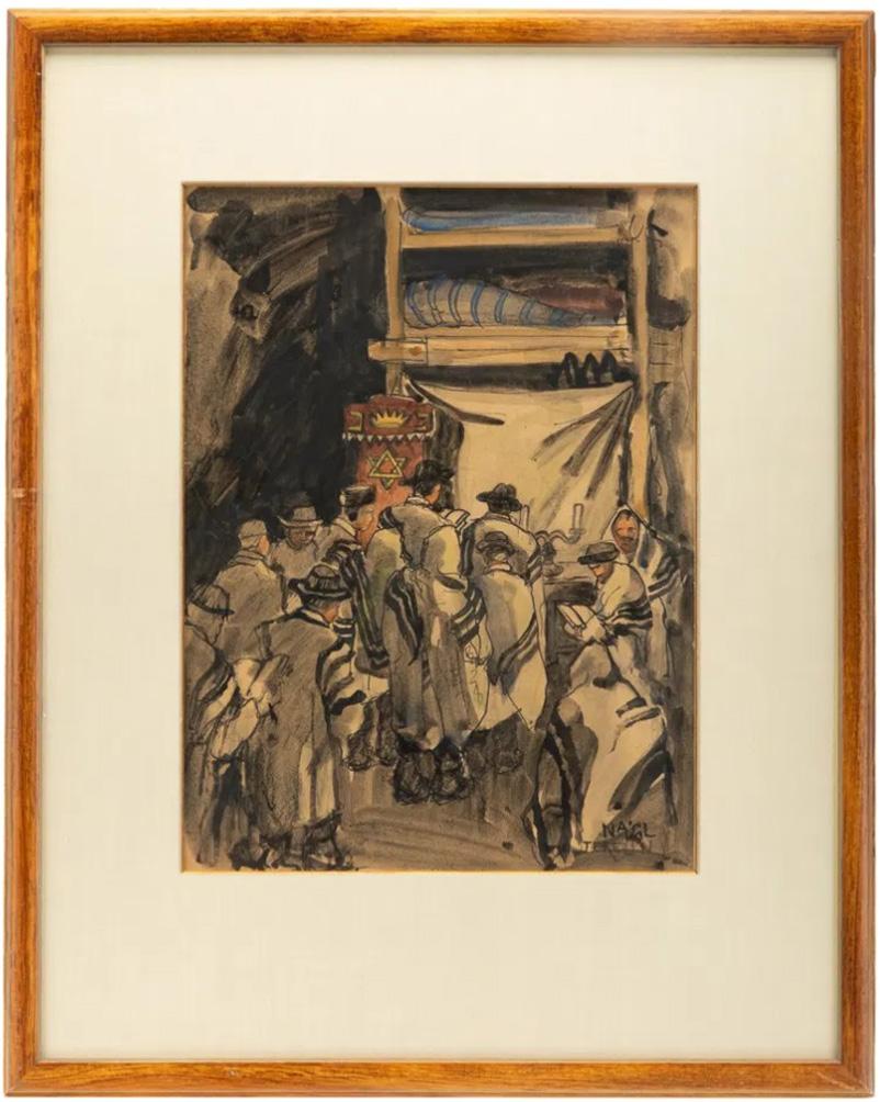 Une peinture émouvante de František Mořic Nágl représentant un groupe d'hommes juifs réunis pour prier, dans l'espace sacré improvisé du ghetto de Theresienstadt. Les hommes portent des châles de prière traditionnels (tallit) et des chapeaux, et