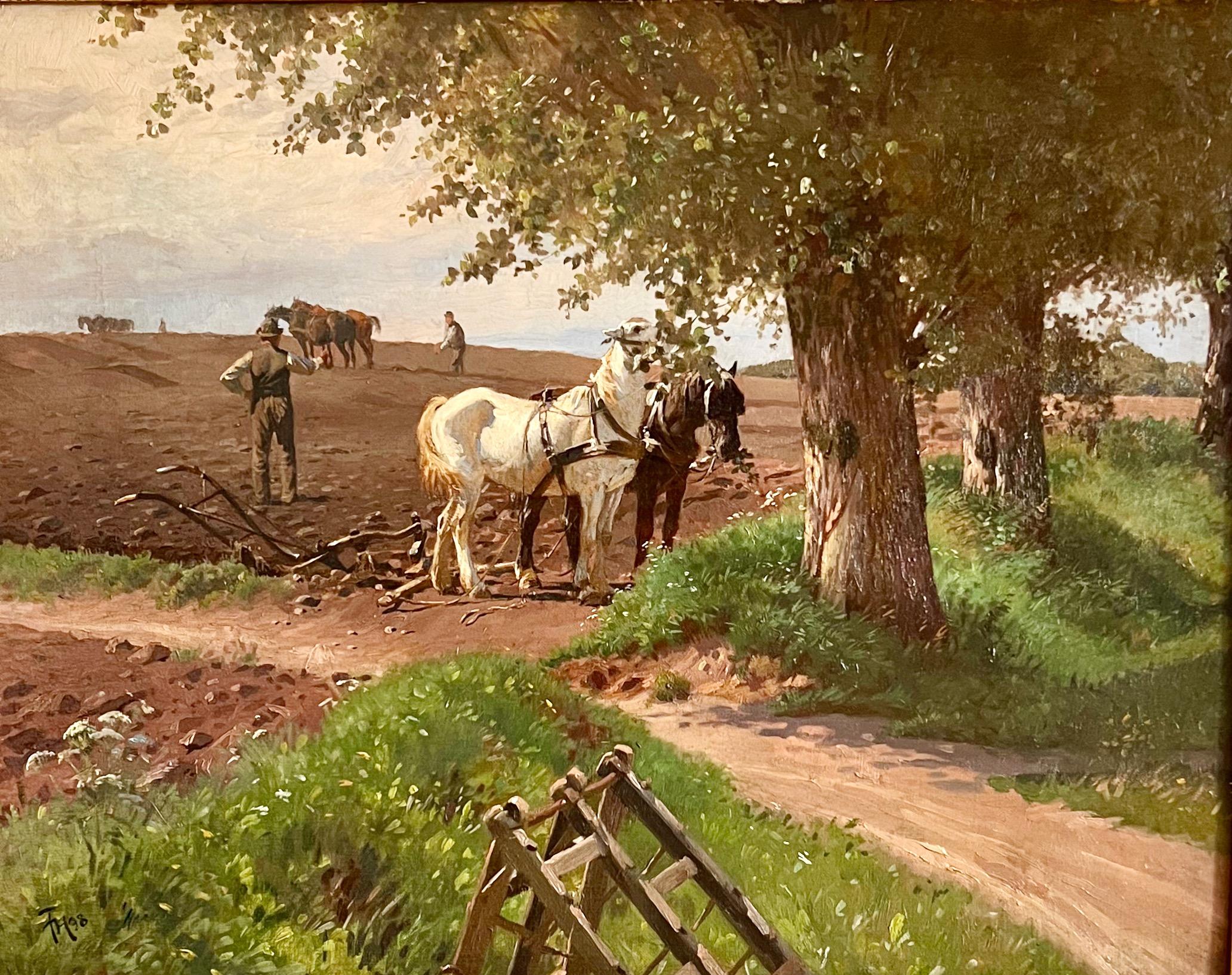 Frants Henningsen, Landscape with Horses Resting and People Working on the Field - Painting by Frants Henningsen 