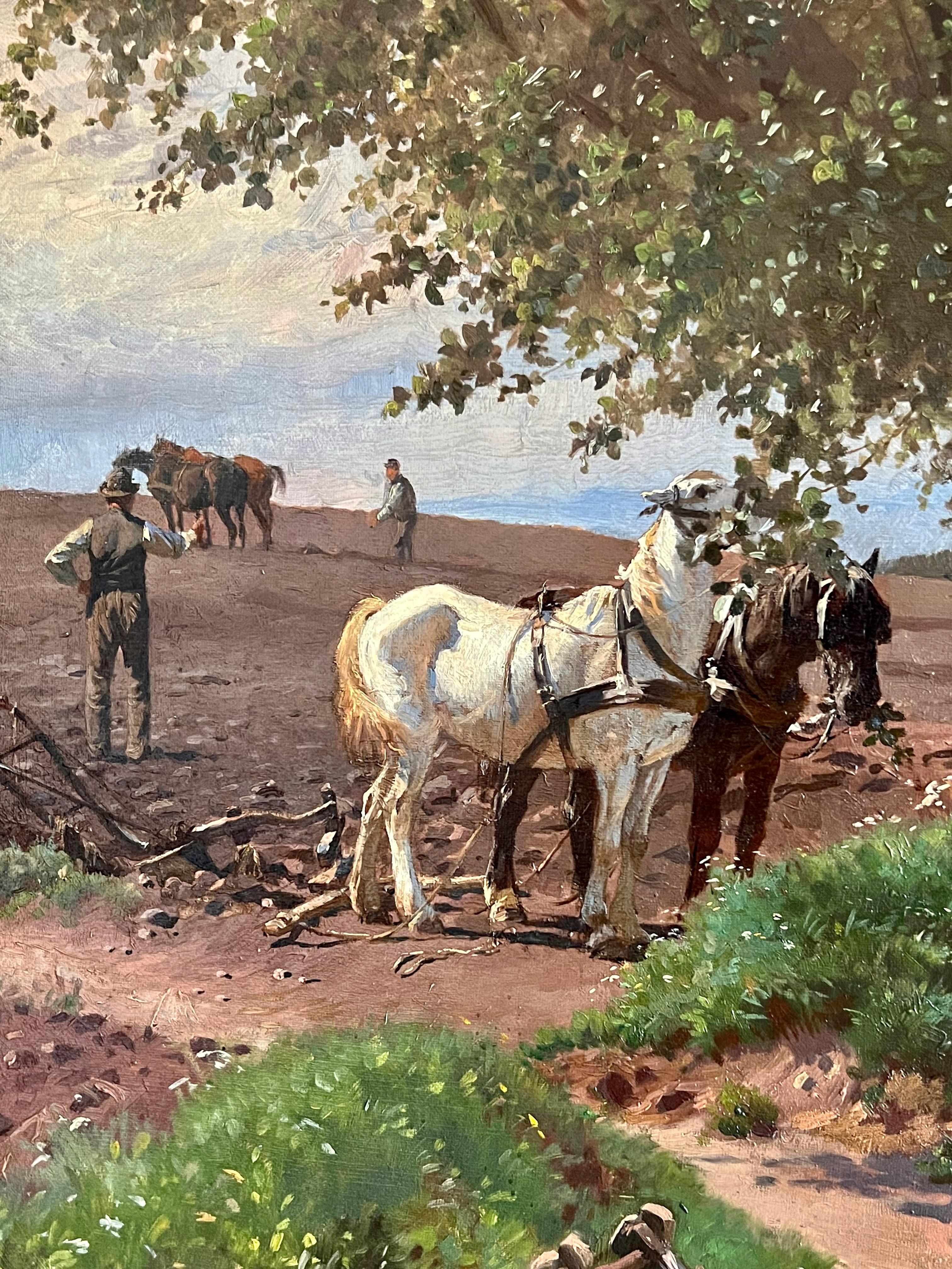 Frants Henningsen, Landscape with Horses Resting and People Working on the Field - Naturalistic Painting by Frants Henningsen 