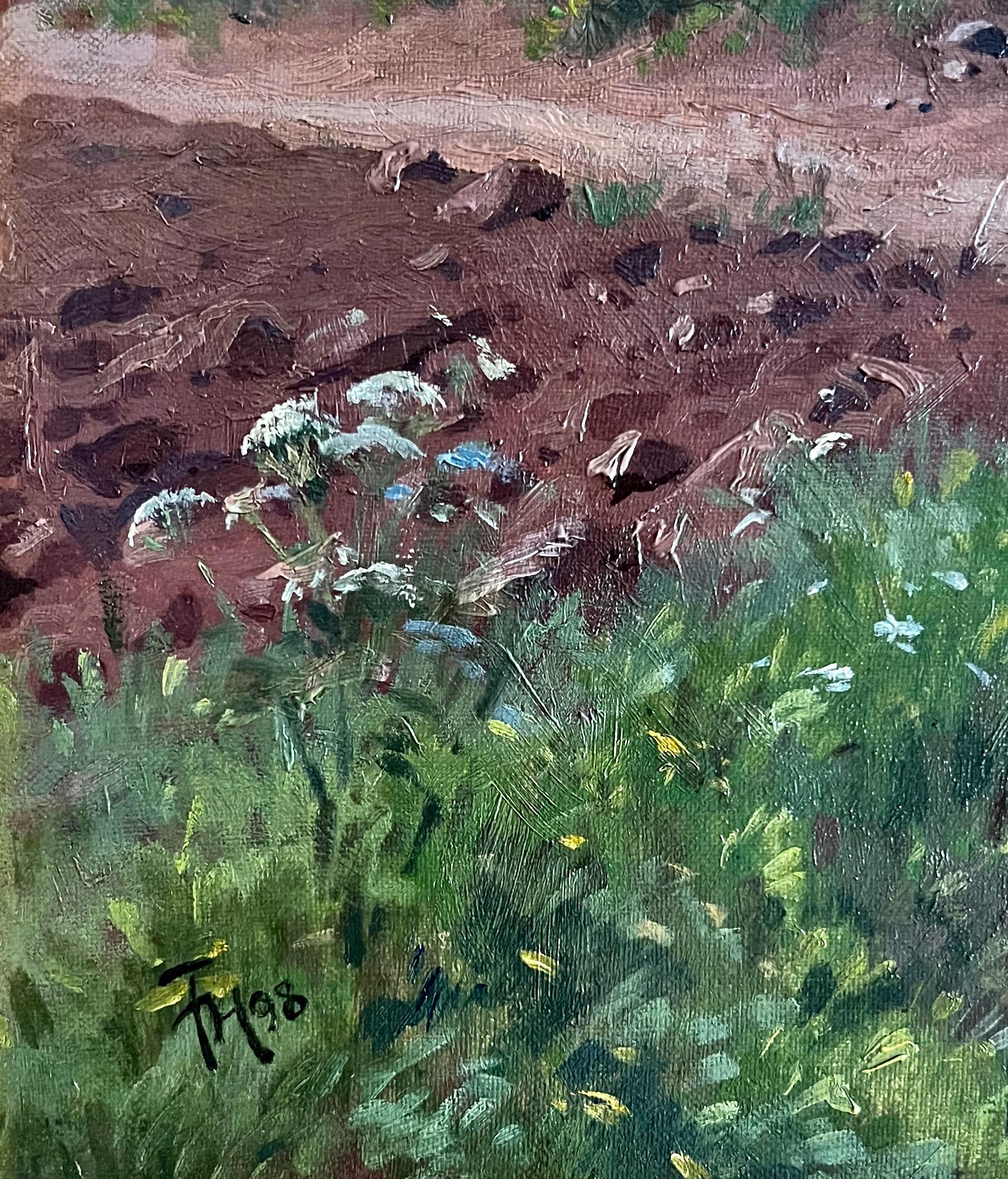 Paysage avec chevaux et fermiers, huile sur toile, peinte en 1898. en vente 1