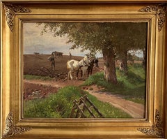 Antique Frants Henningsen, Landscape with Horses Resting and People Working on the Field