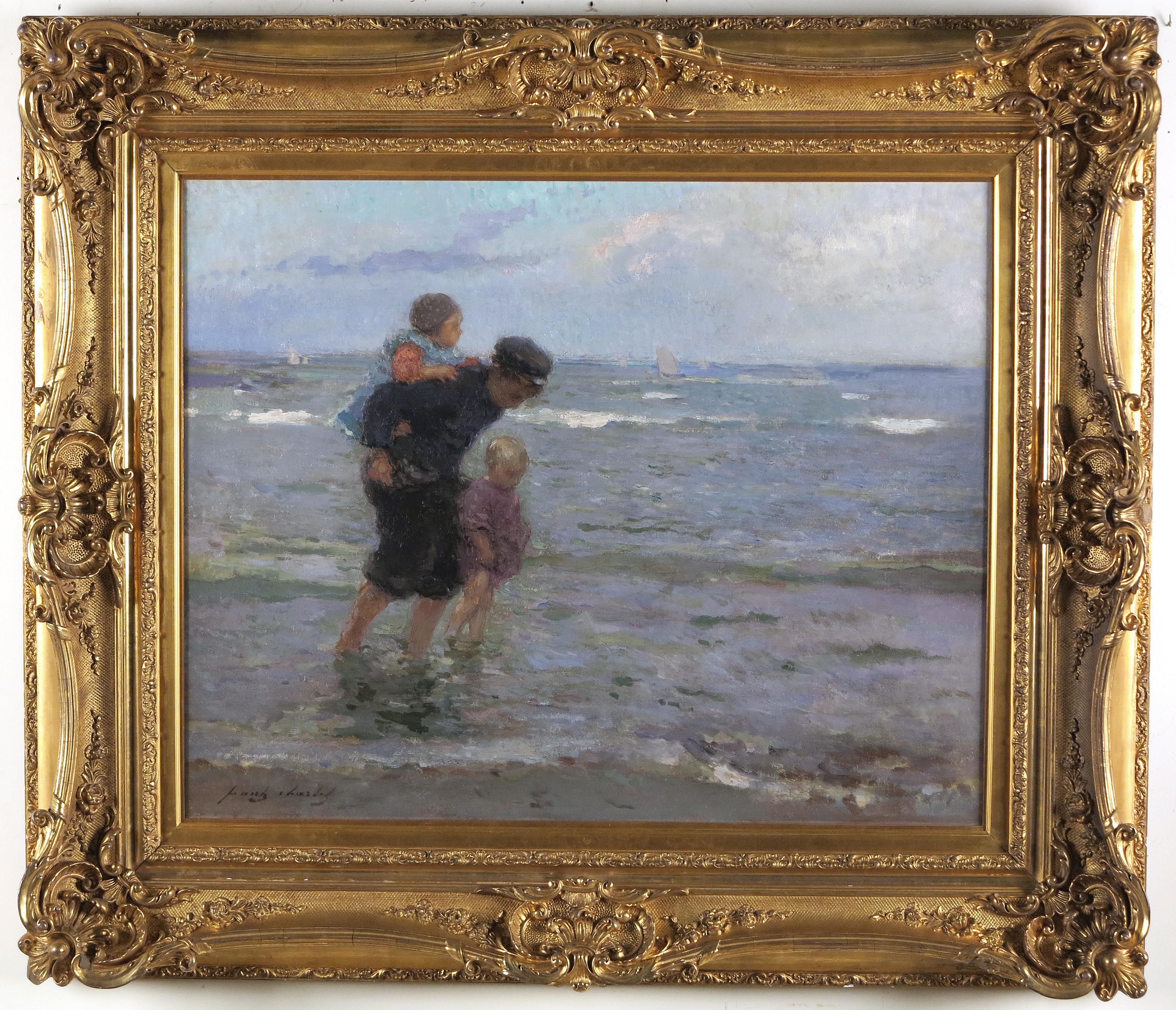 Children Walking along the Beach - Painting by Frantz Charlet