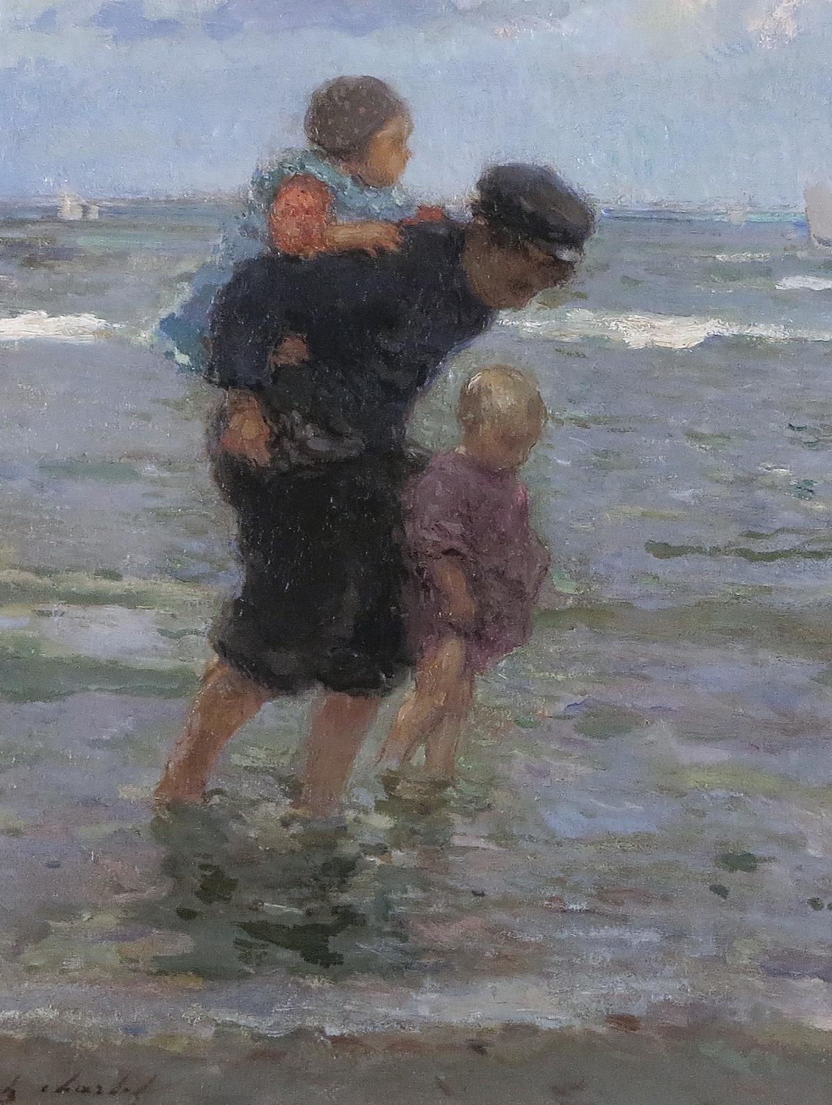 Children Walking along the Beach - Impressionist Painting by Frantz Charlet