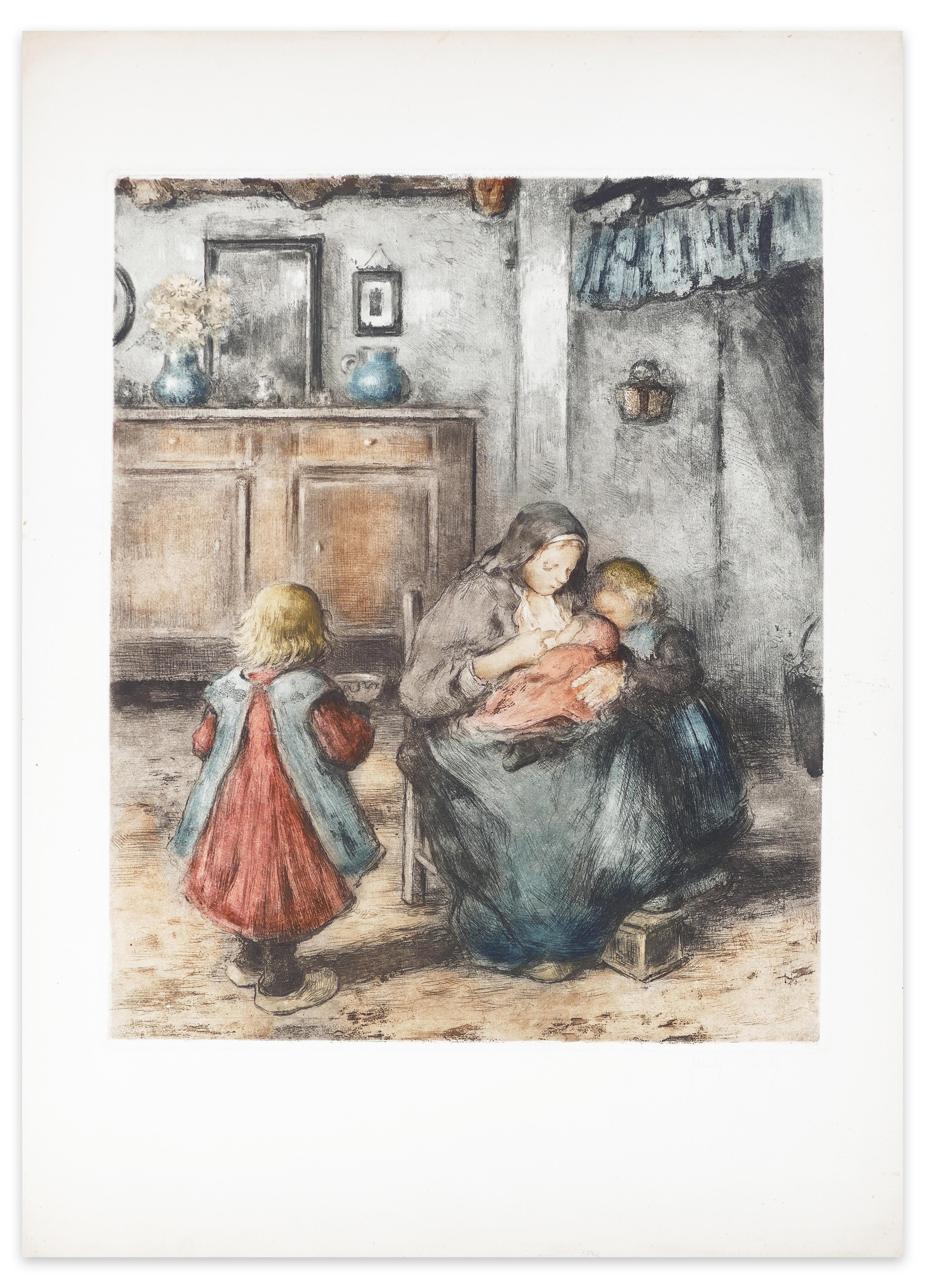 La Tétée de la Mère et ses Enfants - Etching by F. Charlet - Early 1900 - Print by Frantz Charlet