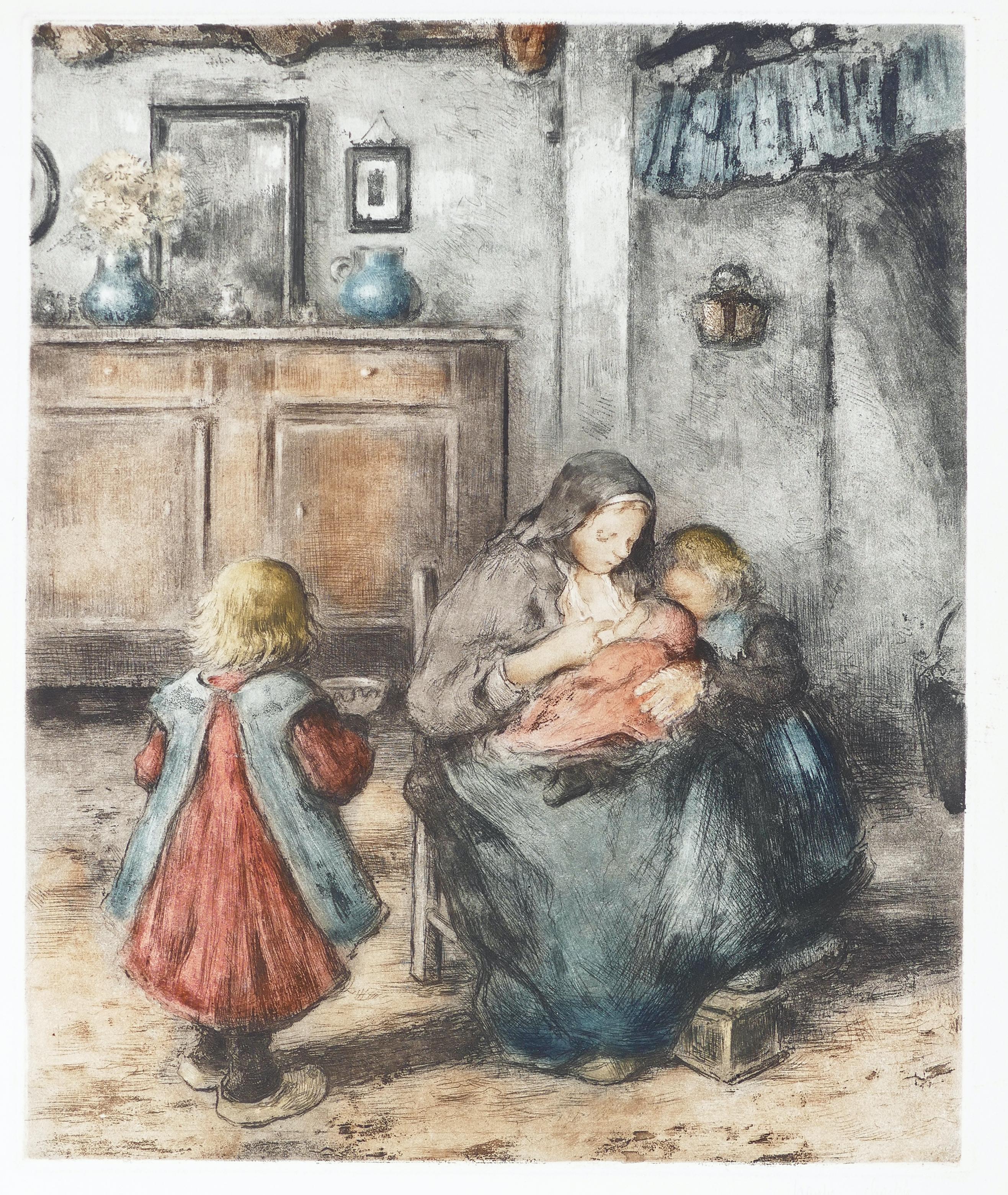 La Tétée de la Mère et ses Enfants - Original Etching by F. Charlet - Early 1900