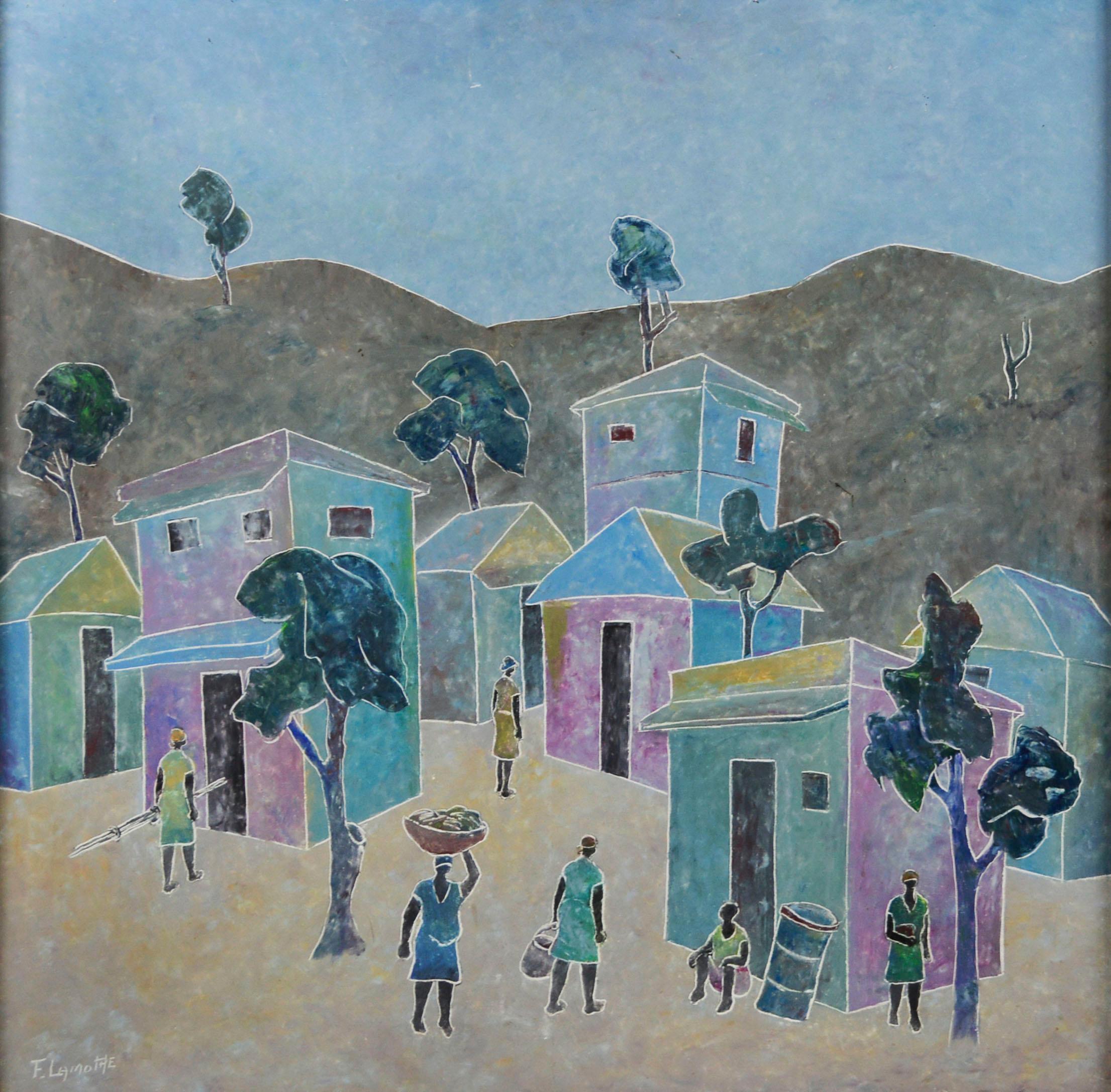 Haitian Village Figurative Landscape  - Painting by Frantz Lamothe