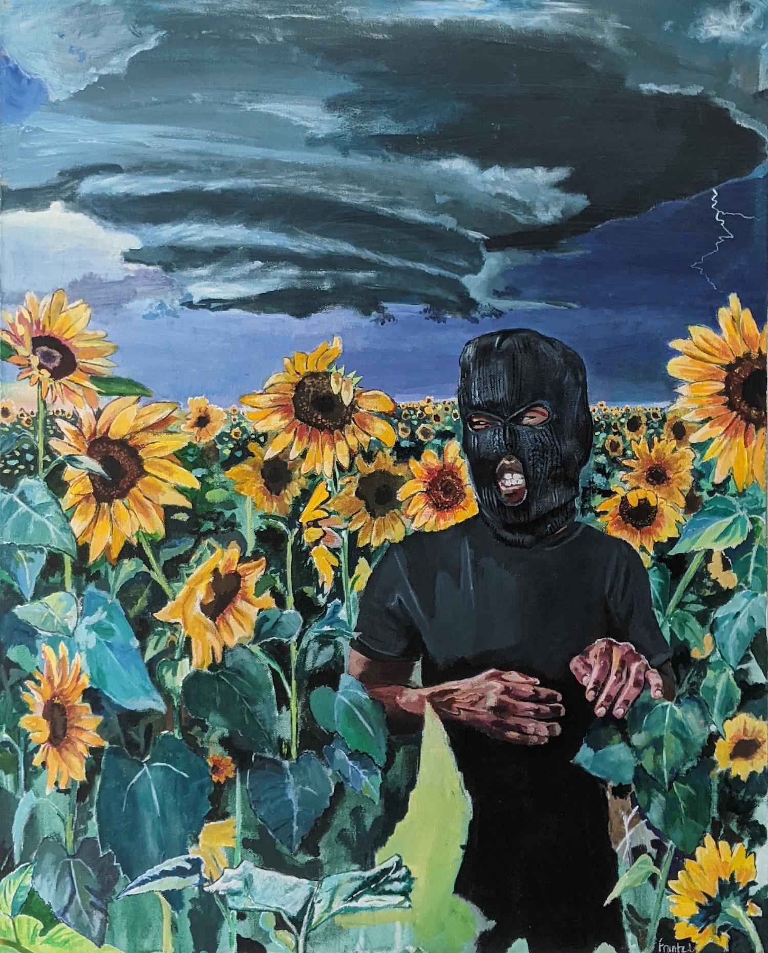 Frantz Lexy Portrait Painting - "Bare Skin", acrylic, landscape, sunflower field, gray, black, mask, clouds