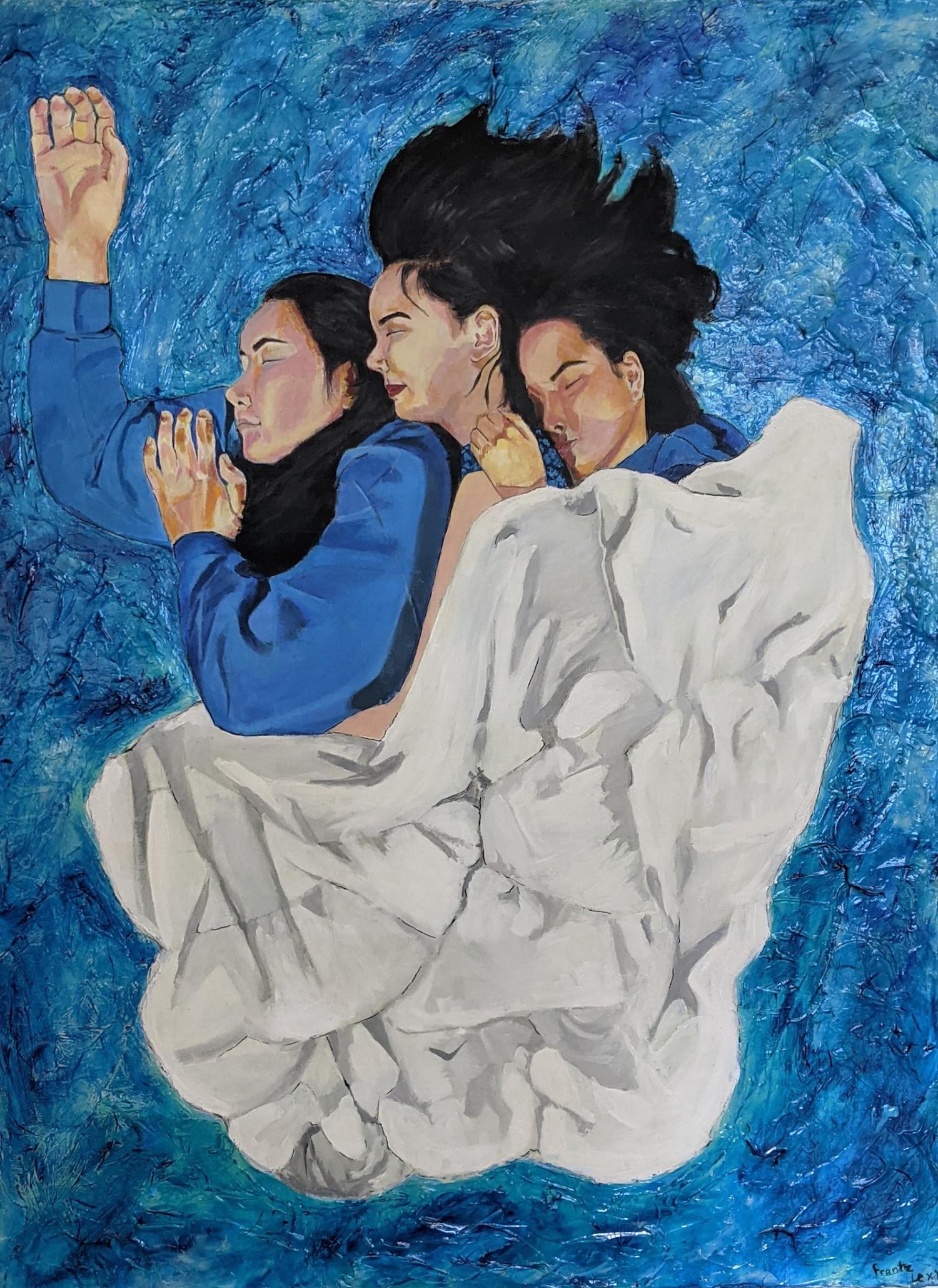 Frantz Lexy Portrait Painting - "Blue notes", acrylic painting, three, female, figures, blanket, serene, white