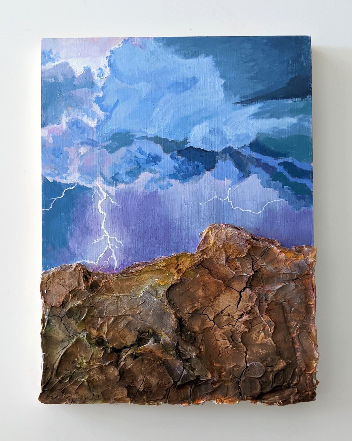 « Dancing in the rain », paysage, brun, bleu, violet, acrylique, techniques mixtes - Contemporain Painting par Frantz Lexy