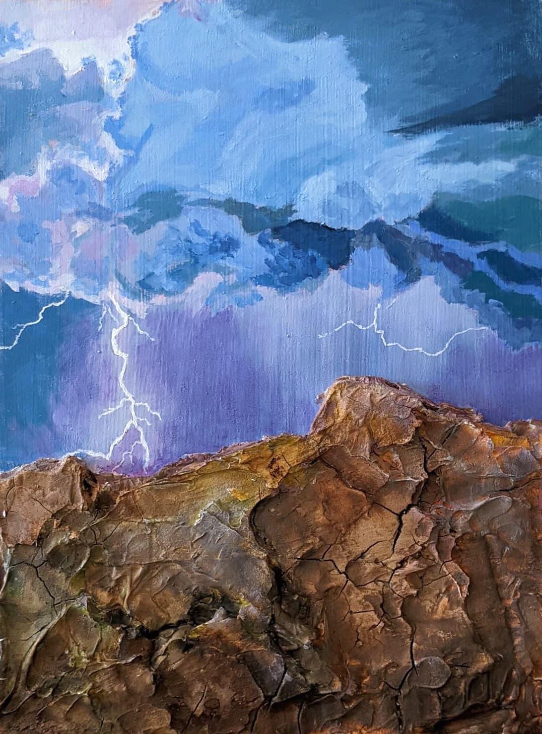 « Dancing in the rain », paysage, brun, bleu, violet, acrylique, techniques mixtes - Painting de Frantz Lexy