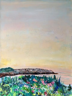 "Golden Hour", paesaggio, tramonto, cielo, giallo, rosa, arancio, blu, acrilico