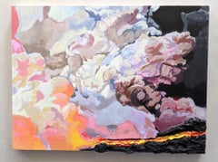 "Inferno", acrylic painting, volcanic eruption, lava, yellow, red, orange, pink