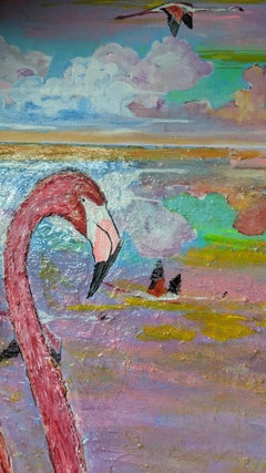 "Leisure", acrylic painting, flamingos, birds, clouds, sunset, pink, purple