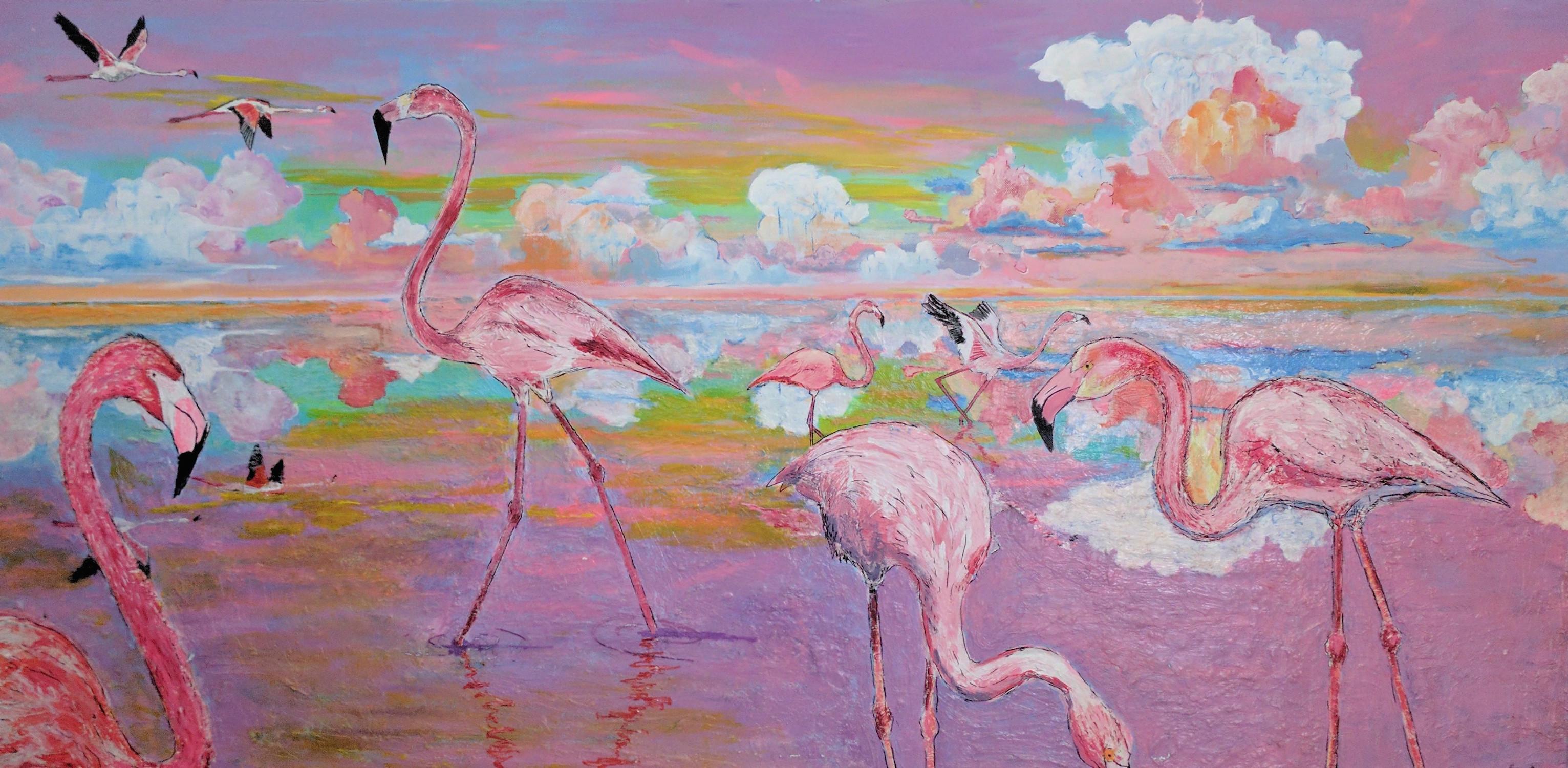 "Leisure", acrylic painting, flamingos, birds, clouds, sunset, pink, purple - Painting by Frantz Lexy