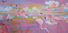 "Leisure", acrylic painting, flamingos, birds, clouds, sunset, pink, purple