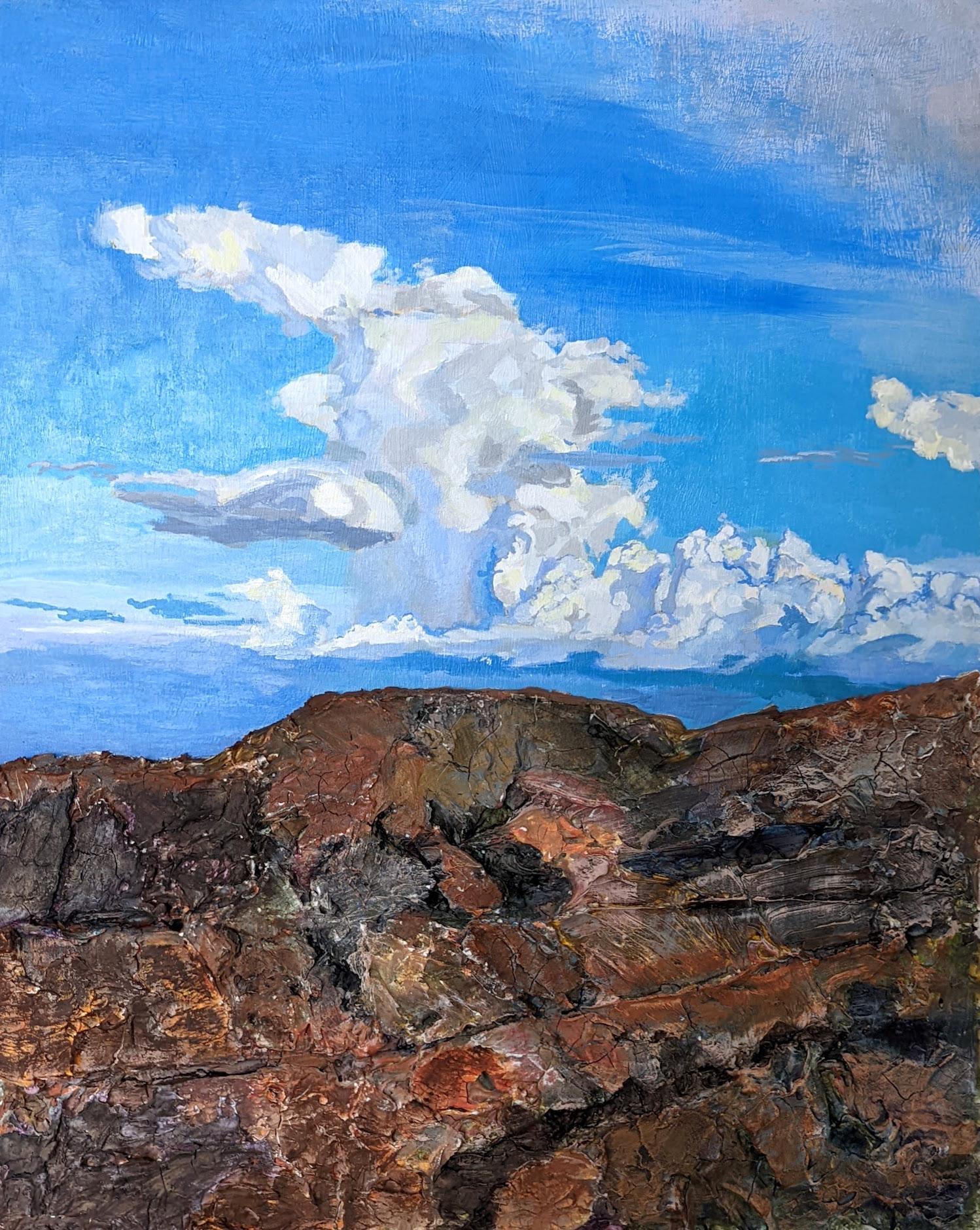 Frantz Lexy Landscape Painting - "Necessary Risk", contemporary, landscape, blue, clouds, mountain, acrylic