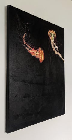 "Pacing", acrylic painting, yellow, red, black, jellyfish, fish, ocean