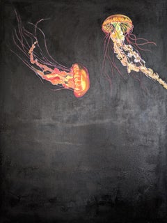 "Pacing", acrylic painting, yellow, red, black, jellyfish, fish, ocean