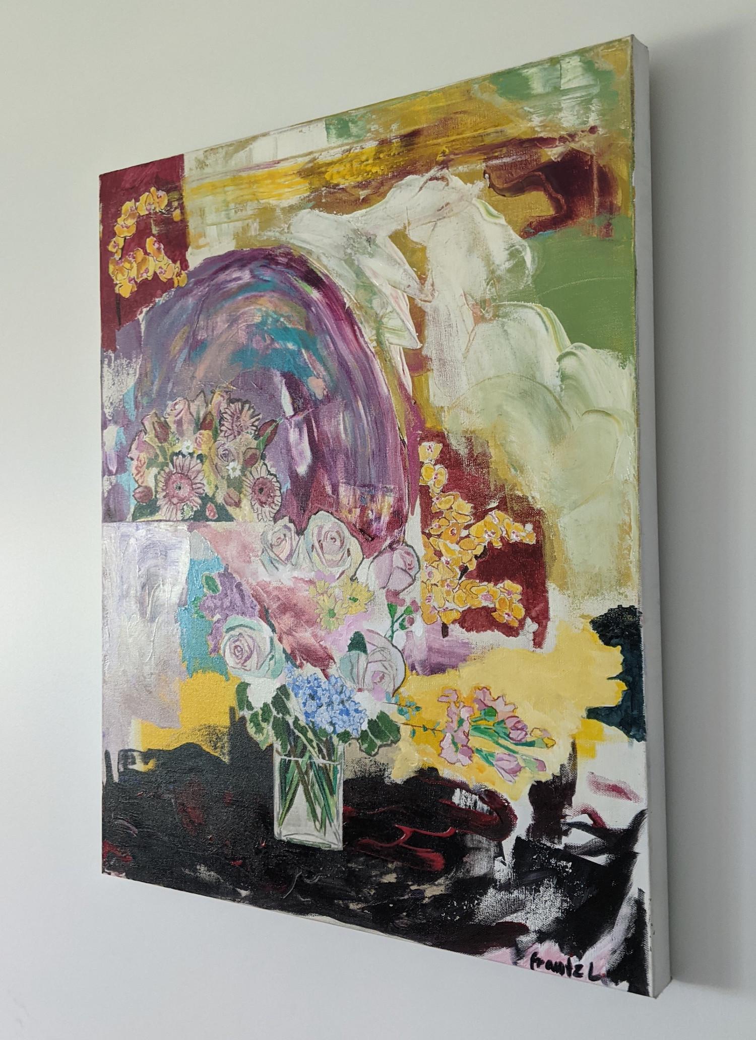 “Pot of flowers 6.5” by Frantz Lexy is a 30 x 24 inch acrylic painting on canvas of a bouquet of flowers in a glass pot. Among them, roses, daisies, orchids and tulips are lushly rendered. The flowers are contrasted by abstract shapes suggesting