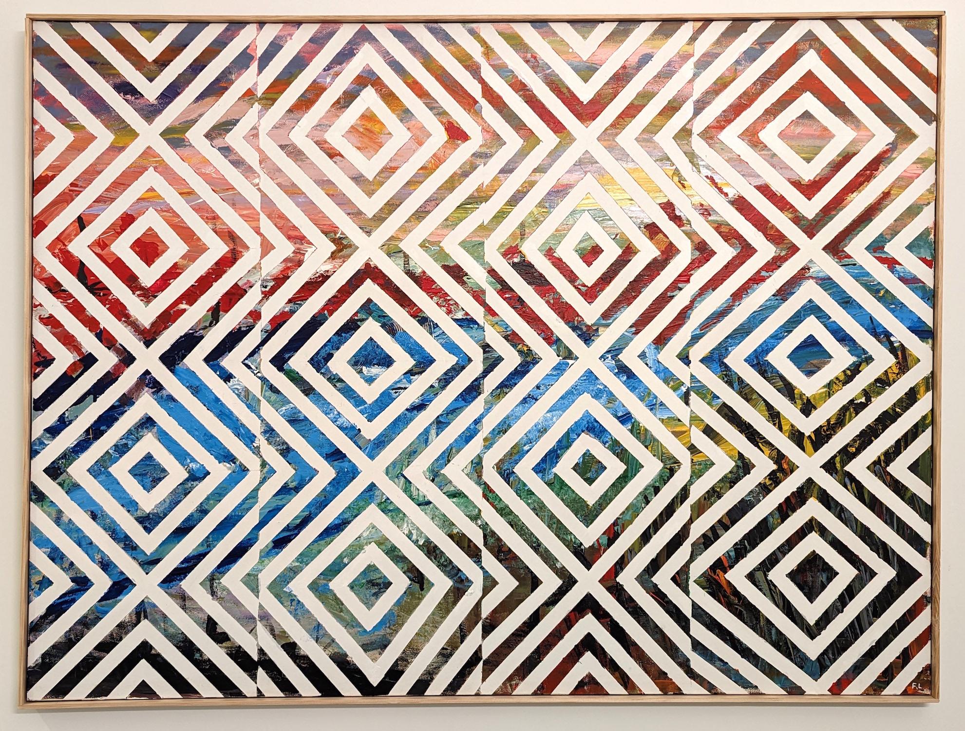 „Sun glitter“, geometrisches, abstraktes, blaues, graues, rotes, gelbes Acrylgemälde (Abstrakt), Painting, von Frantz Lexy