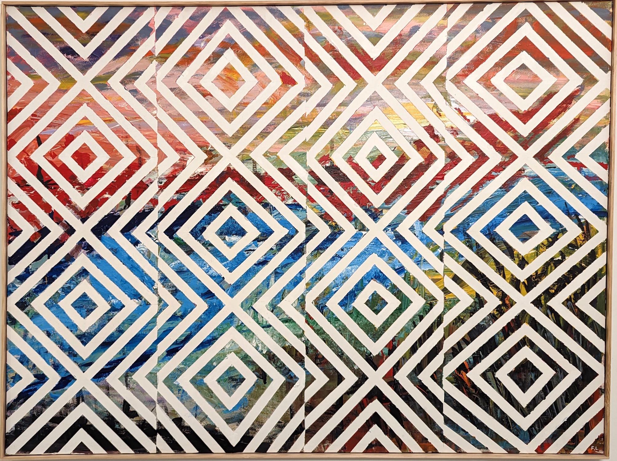 „Sun glitter“, geometrisches, abstraktes, blaues, graues, rotes, gelbes Acrylgemälde – Painting von Frantz Lexy