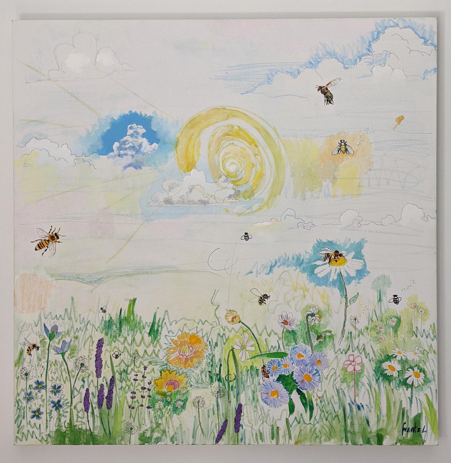 « Les abeilles, les abeilles, les abeilles », paysage, fleurs, blanc, technique mixte, peinture - Painting de Frantz Lexy