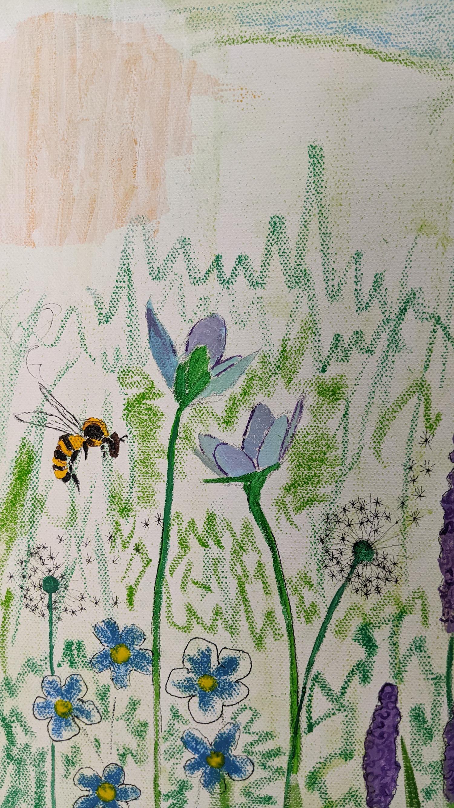 « Les abeilles, les abeilles, les abeilles », paysage, fleurs, blanc, technique mixte, peinture - Contemporain Painting par Frantz Lexy