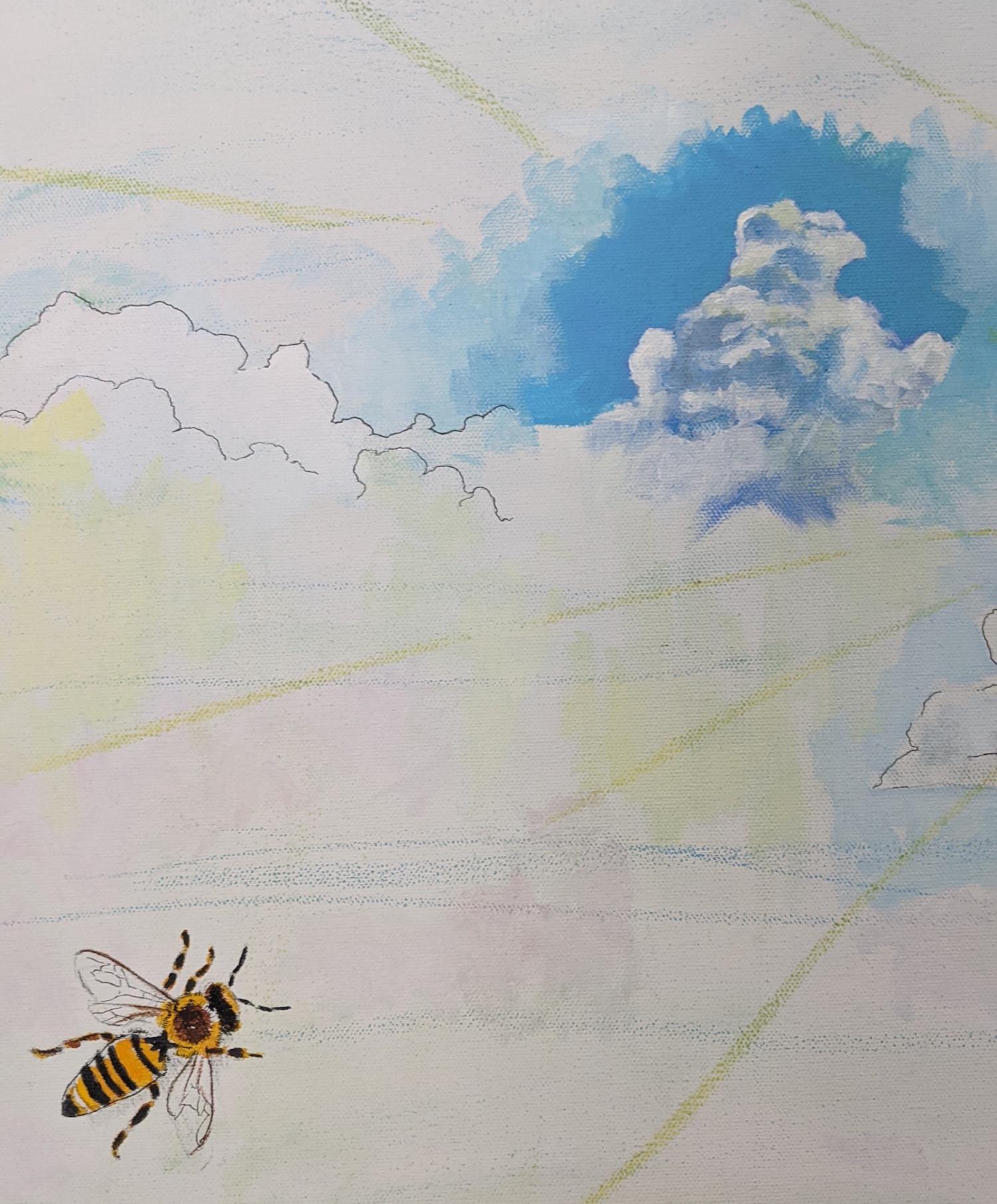 « Les abeilles, les abeilles, les abeilles », paysage, fleurs, blanc, technique mixte, peinture - Gris Landscape Painting par Frantz Lexy