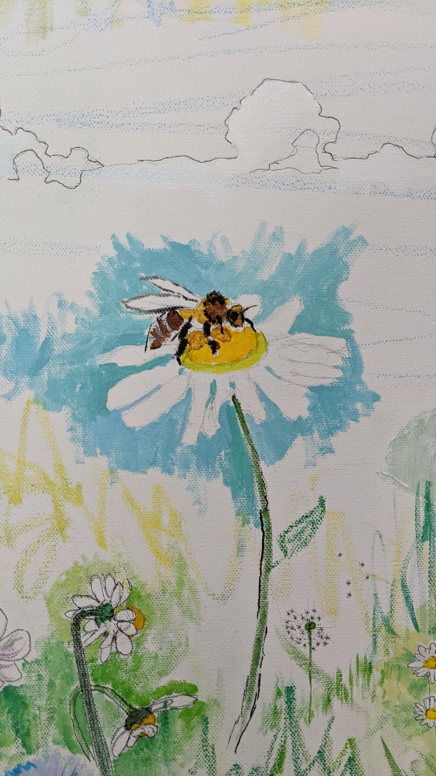 „Die Bienen, die Bienen, die Bienen, die Bienen“, Landschaft, Blumen, Weiß, Mischtechnik, Gemälde (Zeitgenössisch), Painting, von Frantz Lexy