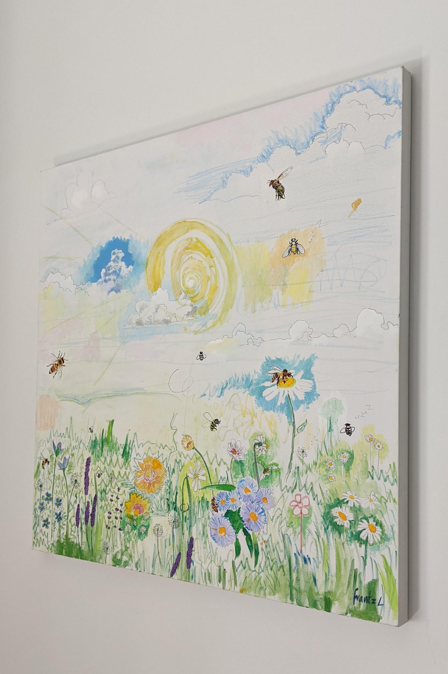 « Les abeilles, les abeilles, les abeilles », paysage, fleurs, blanc, technique mixte, peinture en vente 2